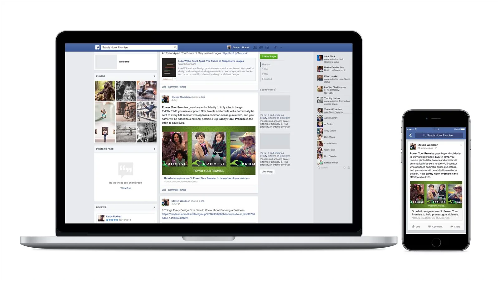 Laptop and phone mockups of the Sandy Hook Promise Facebook page showing a shared Power Your Promise post with filtered family photos