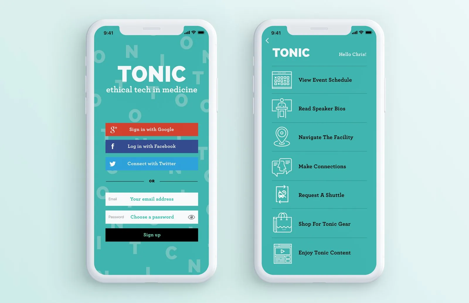 Two phones running the TONIC app: a teal sign-up screen with social logins, and a home menu from View Event Schedule to Enjoy Tonic Content