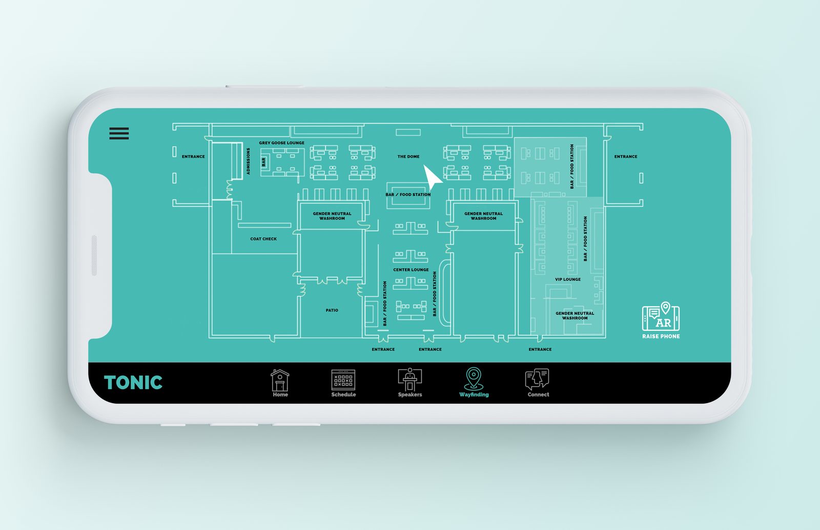 TONIC app wayfinding in landscape: the Toronto Event Centre floorplan with lounges, washrooms, bar and food stations and entrances labeled