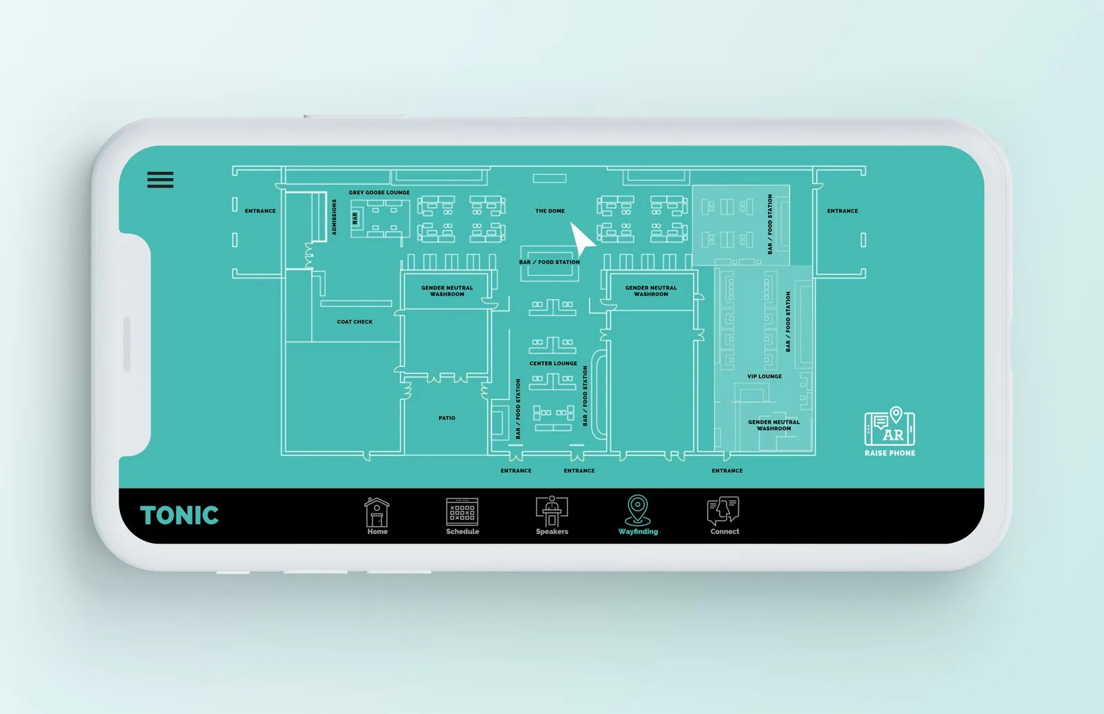 TONIC app wayfinding in landscape: the Toronto Event Centre floorplan with lounges, washrooms, bar and food stations and entrances labeled