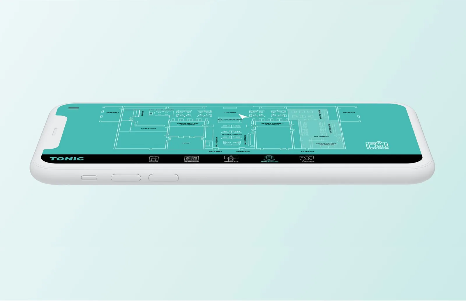 Phone lying flat showing the TONIC app floorplan in perspective, with a raise phone for AR prompt in the corner