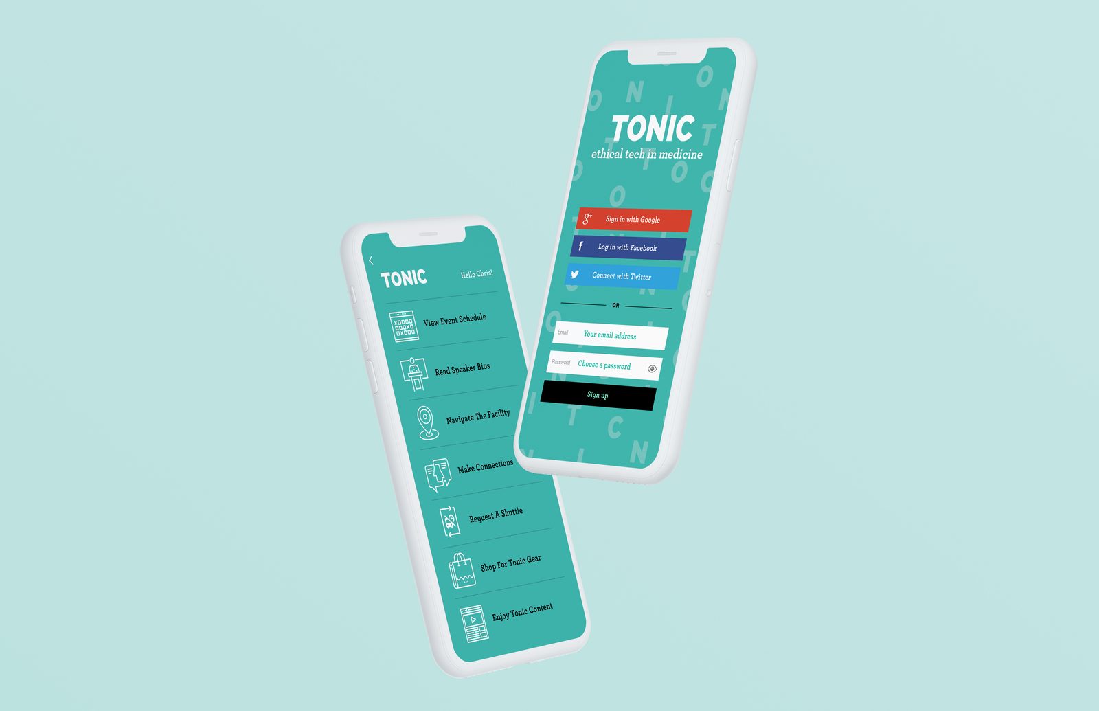 Two floating phones with the TONIC app: the home menu and the teal sign-up screen with Google, Facebook and Twitter logins