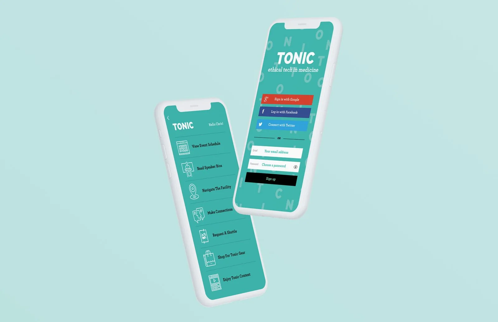 Two floating phones with the TONIC app: the home menu and the teal sign-up screen with Google, Facebook and Twitter logins