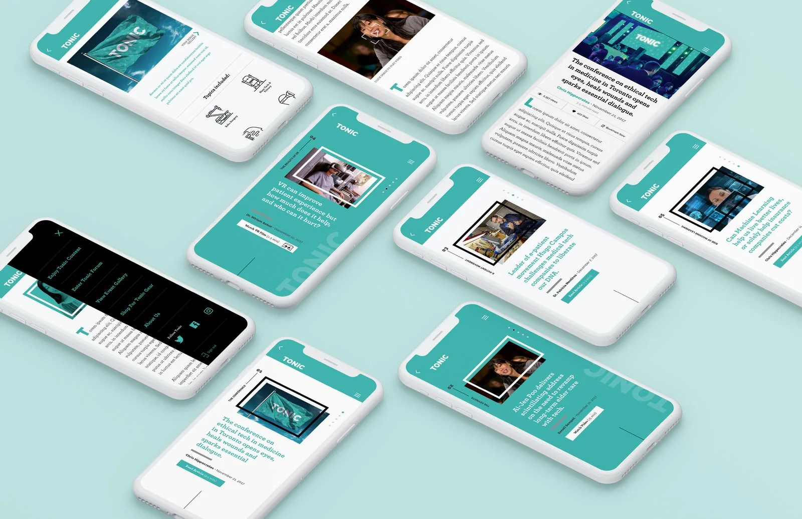 Isometric spread of many phones running TONIC mobile screens: features, articles, video stills and menus