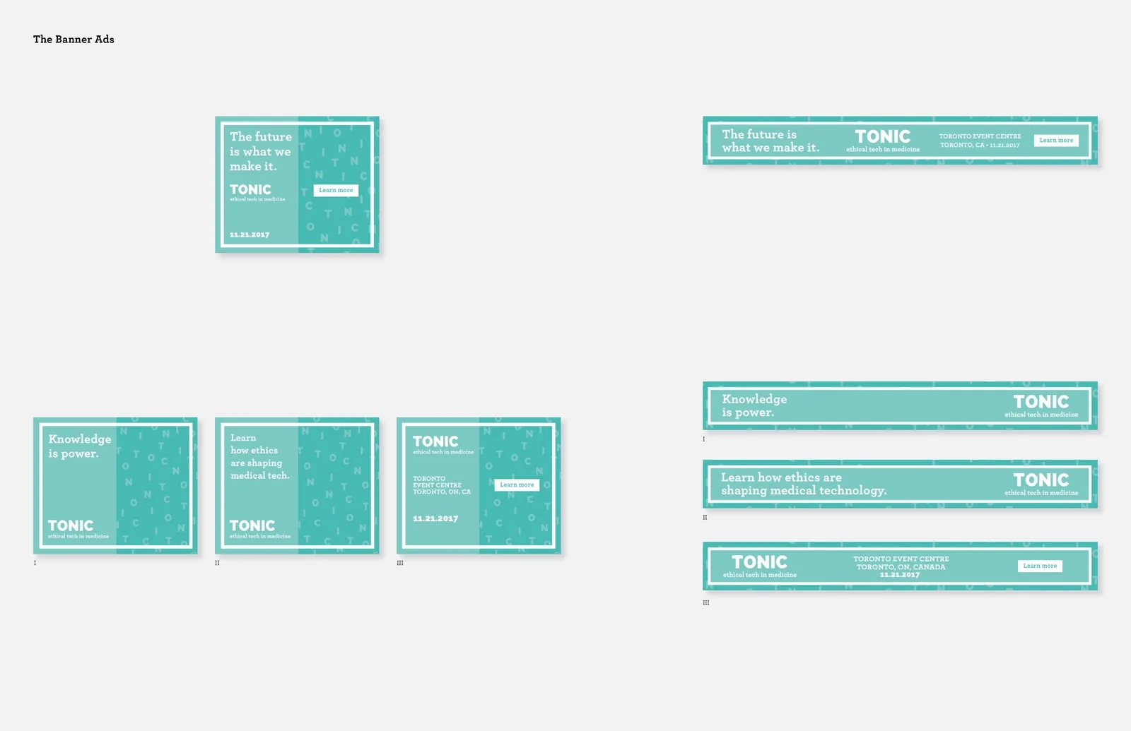 TONIC digital banner ads in square and leaderboard sizes with headlines Knowledge is power, The future is what we make it, and Learn how ethics are shaping medical tech