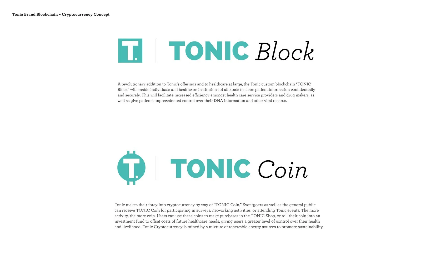 TONIC Block blockchain and TONIC Coin cryptocurrency concept logos with supporting copy on patient records and rewards