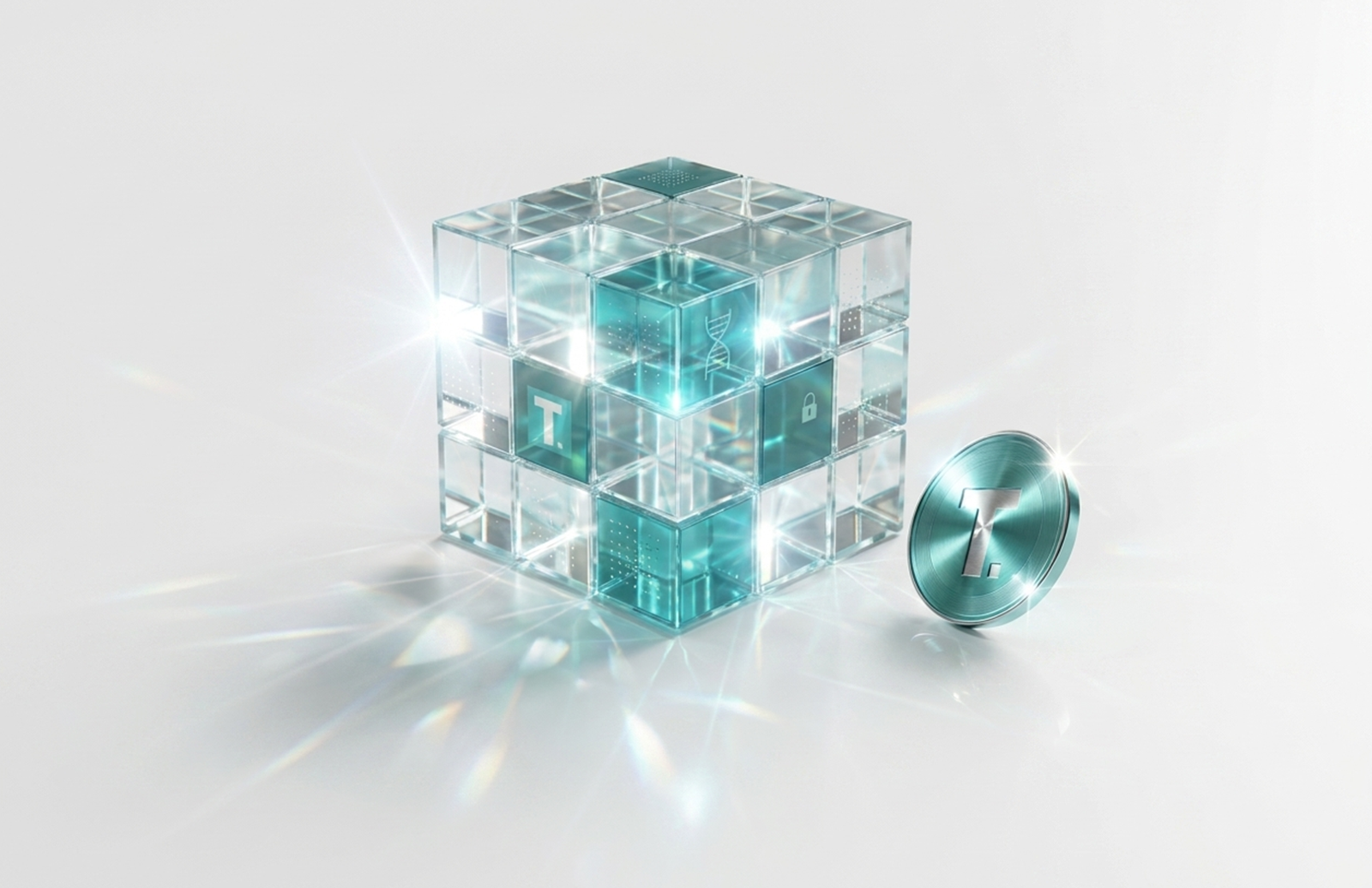 TONIC Block and TONIC Coin rendered: a glass blockchain cube with DNA and padlock tiles catching the light beside a brushed-teal coin bearing the T mark