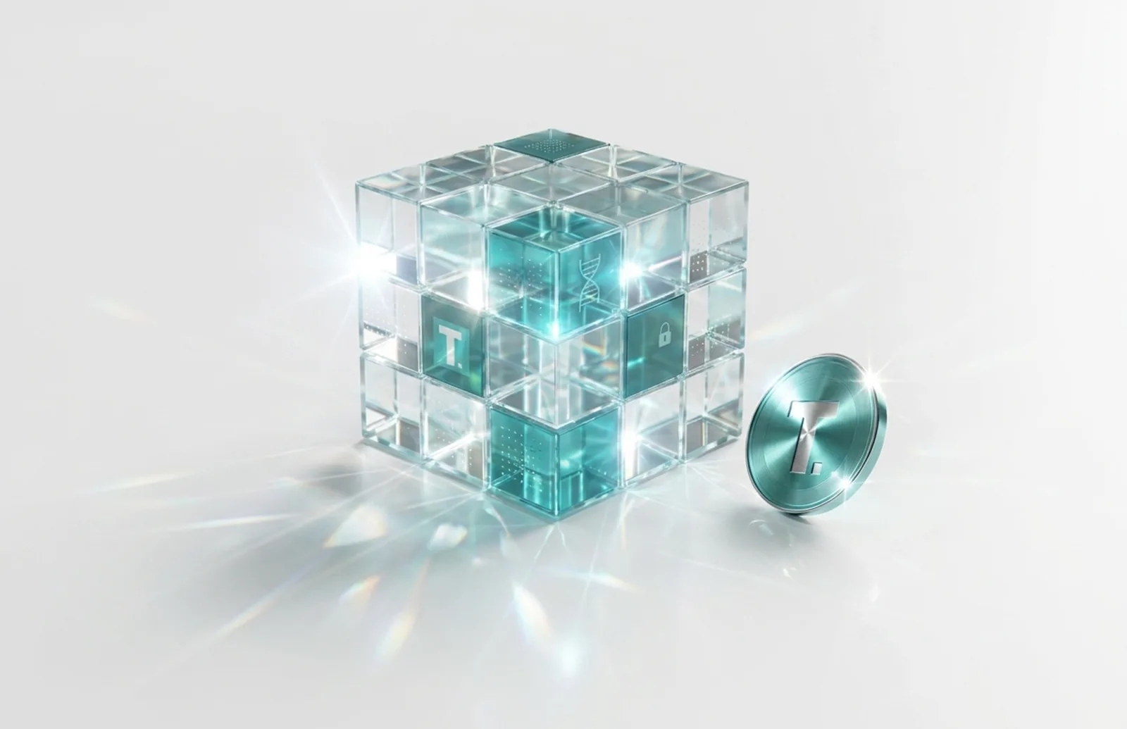 TONIC Block and TONIC Coin rendered: a glass blockchain cube with DNA and padlock tiles catching the light beside a brushed-teal coin bearing the T mark