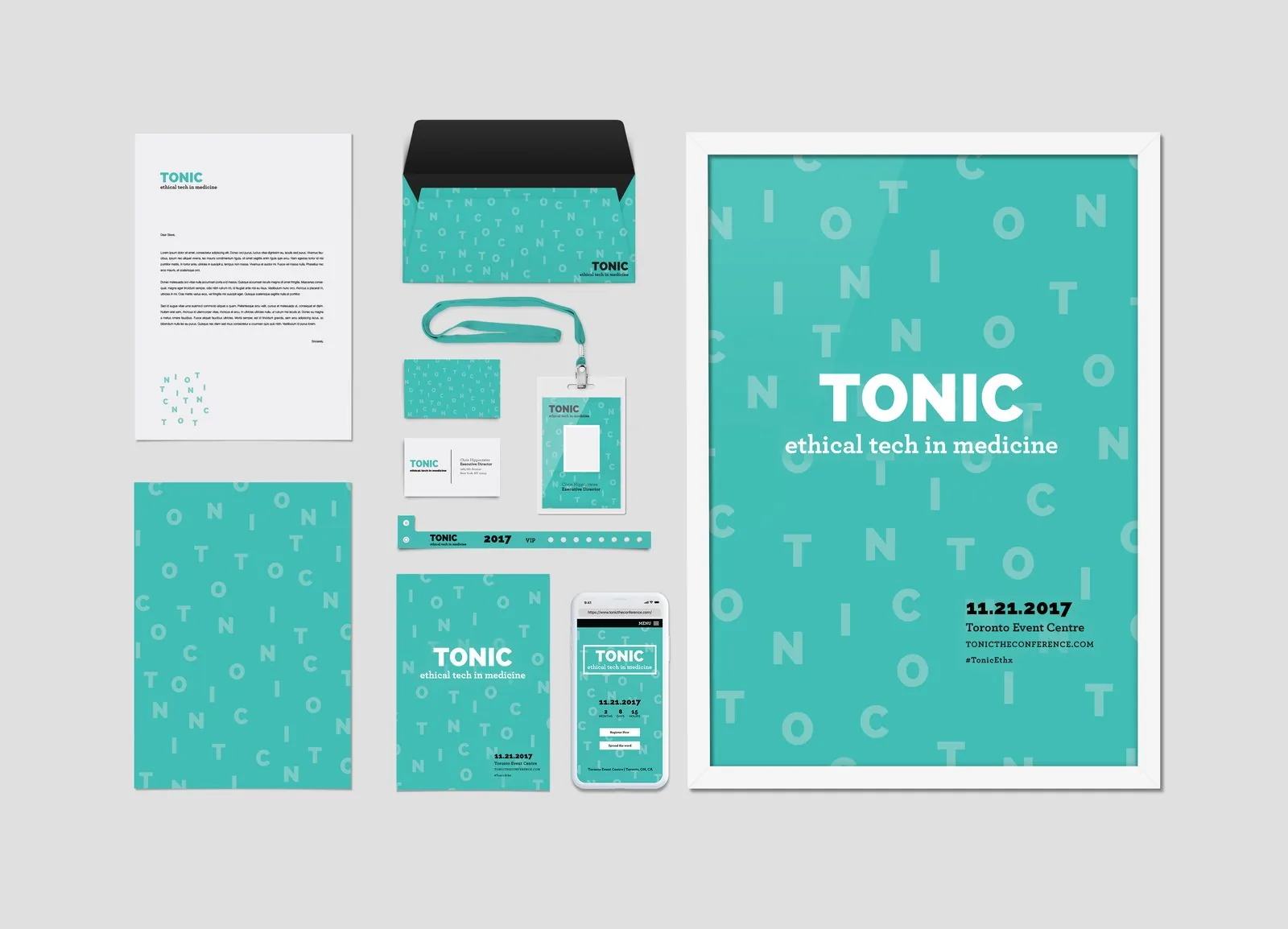 TONIC identity mockup: letterhead, envelope, lanyard badge, business cards, VIP wristband, flyer, phone screen and framed poster dated 11.21.2017