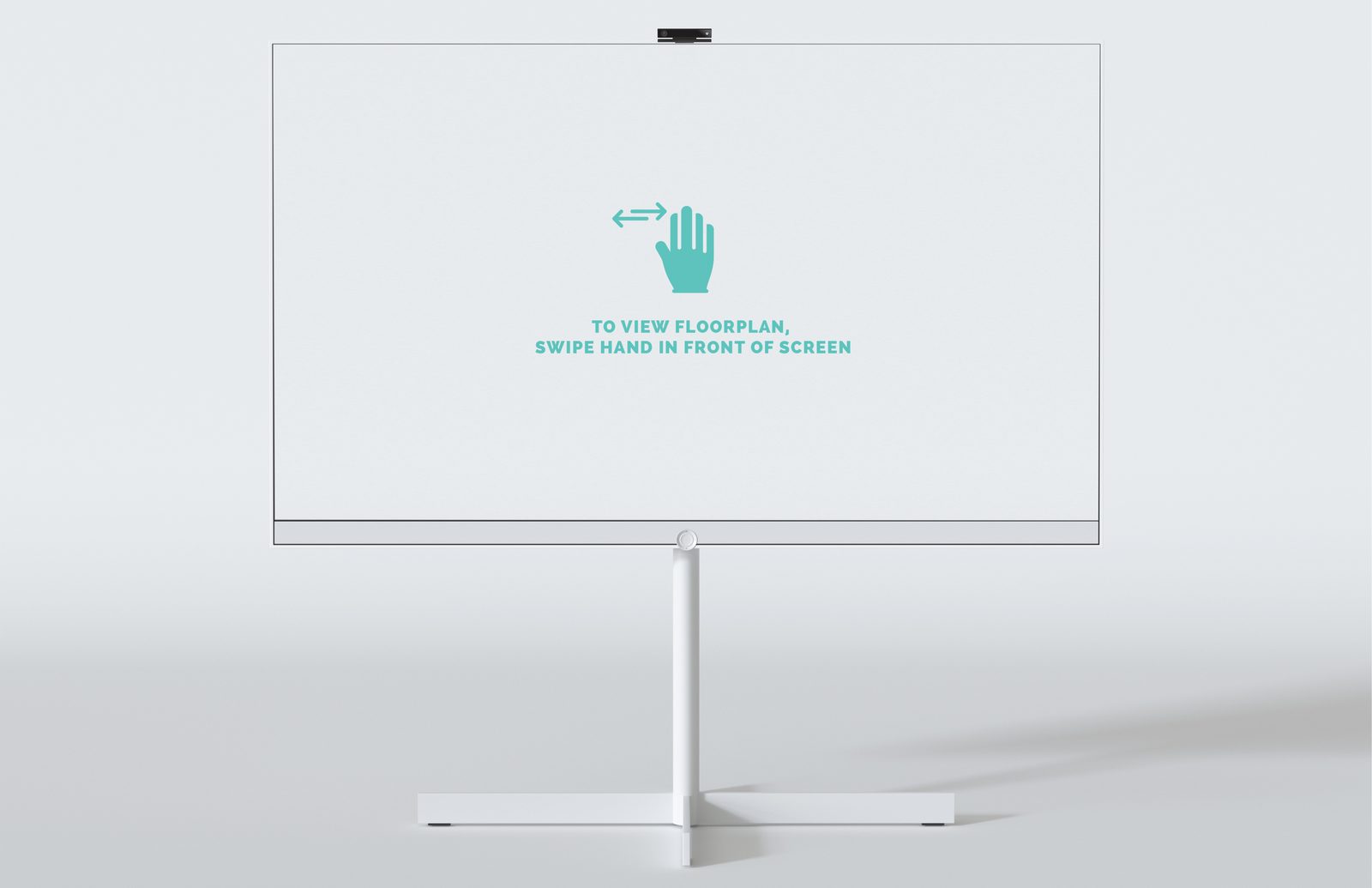 Digital wayfinding screen with a hand icon and instructions: to view floorplan, swipe hand in front of screen