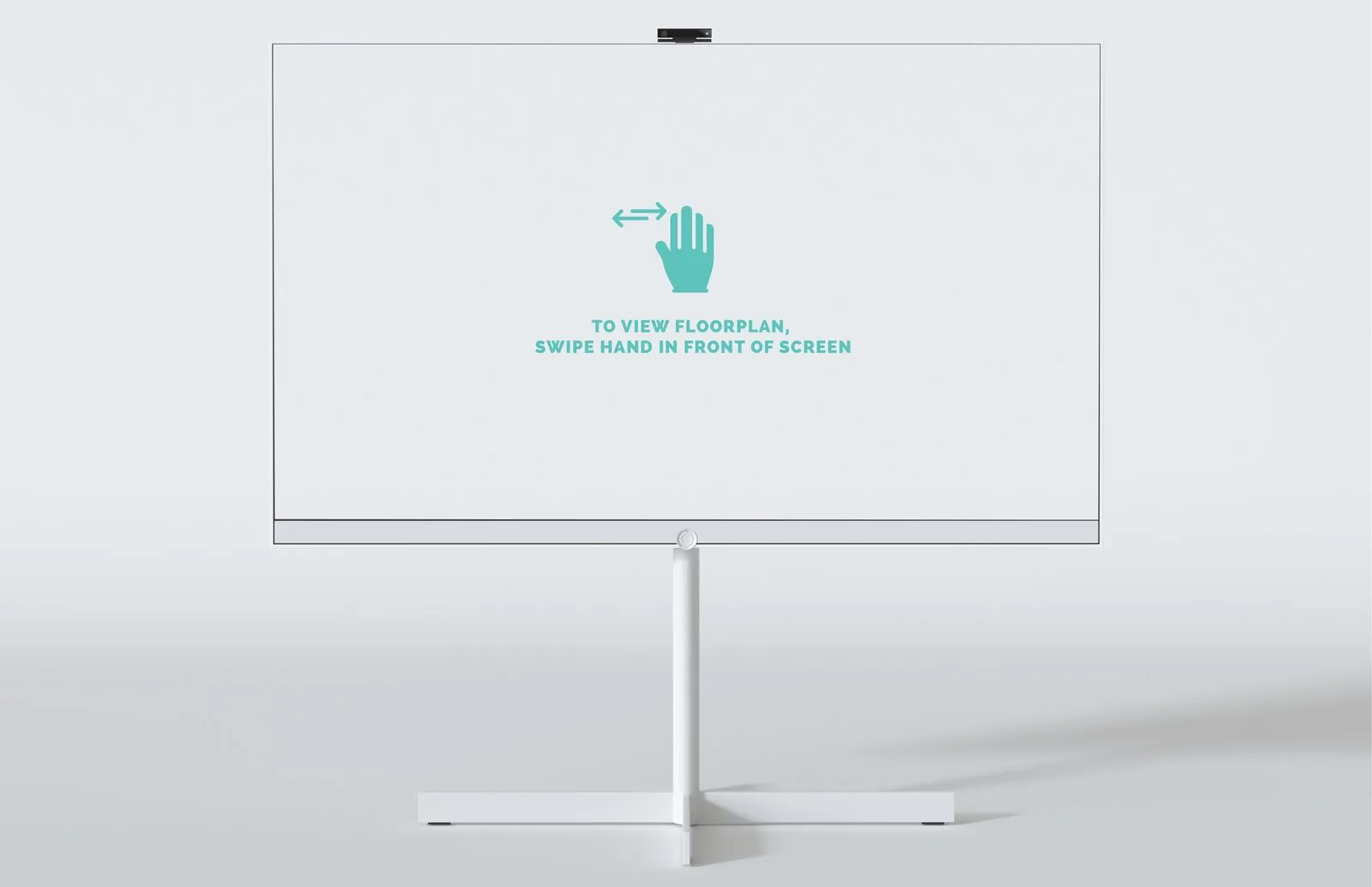 Digital wayfinding screen with a hand icon and instructions: to view floorplan, swipe hand in front of screen