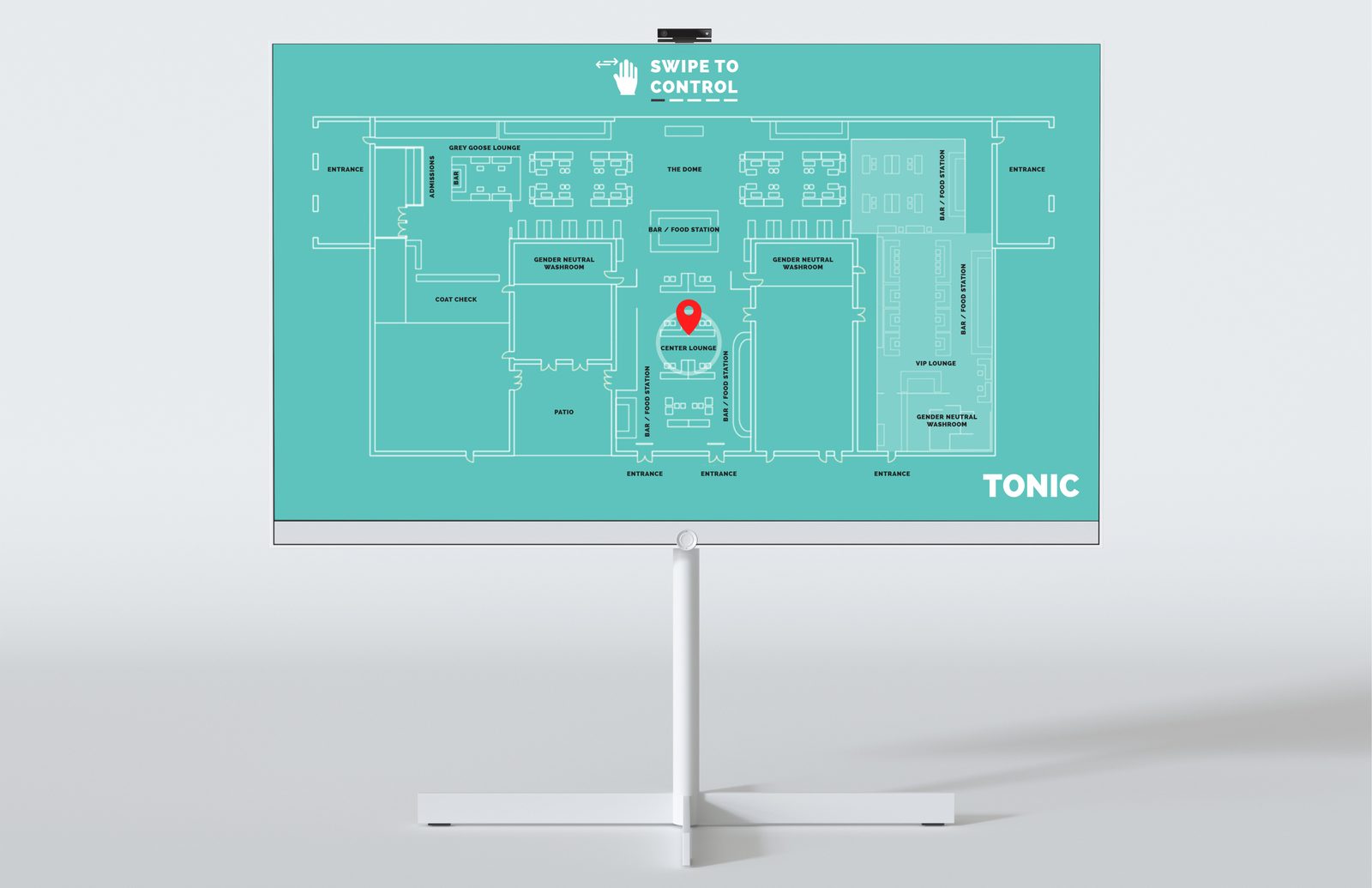 Digital wayfinding floorplan of the venue with a red pin on the Center Lounge and a swipe to control prompt