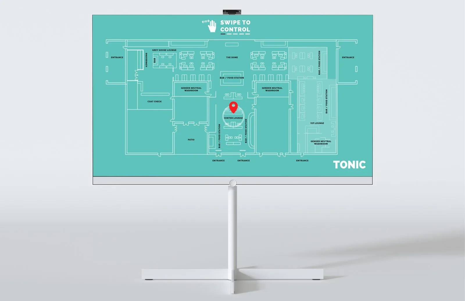 Digital wayfinding floorplan of the venue with a red pin on the Center Lounge and a swipe to control prompt