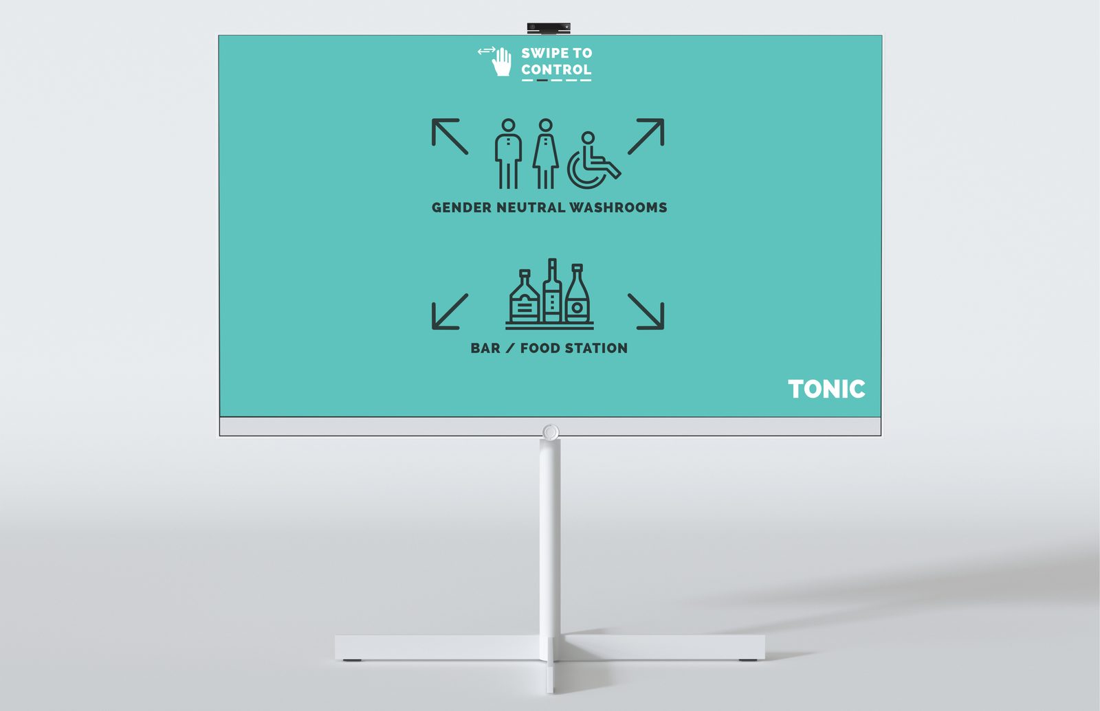 Digital wayfinding directory on teal with arrows to gender neutral washrooms and the bar and food station, swipe to control