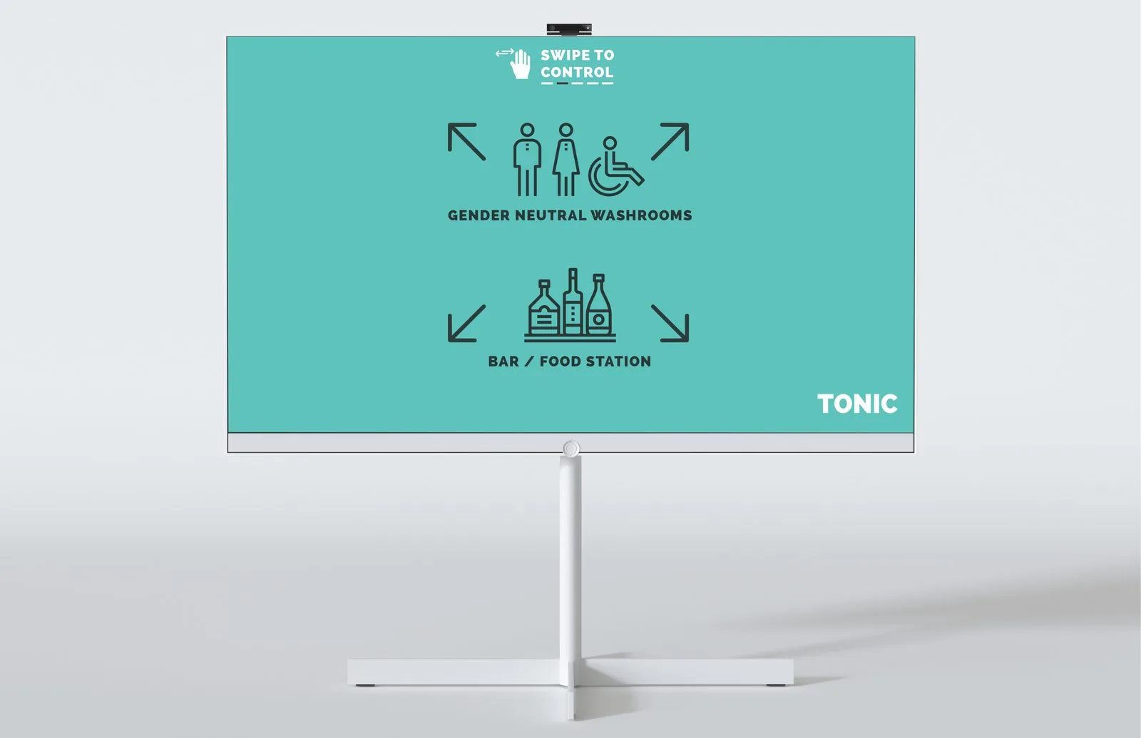 Digital wayfinding directory on teal with arrows to gender neutral washrooms and the bar and food station, swipe to control