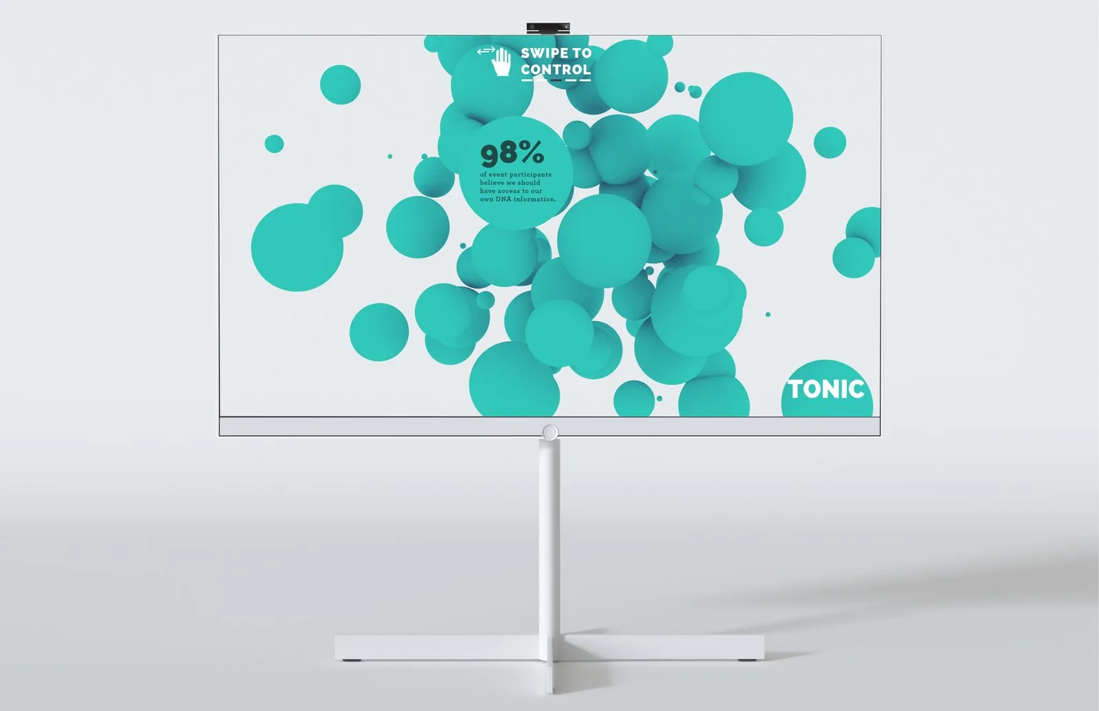 Digital signage stat over teal bubbles: 98 percent of event participants believe we should have access to our own DNA information