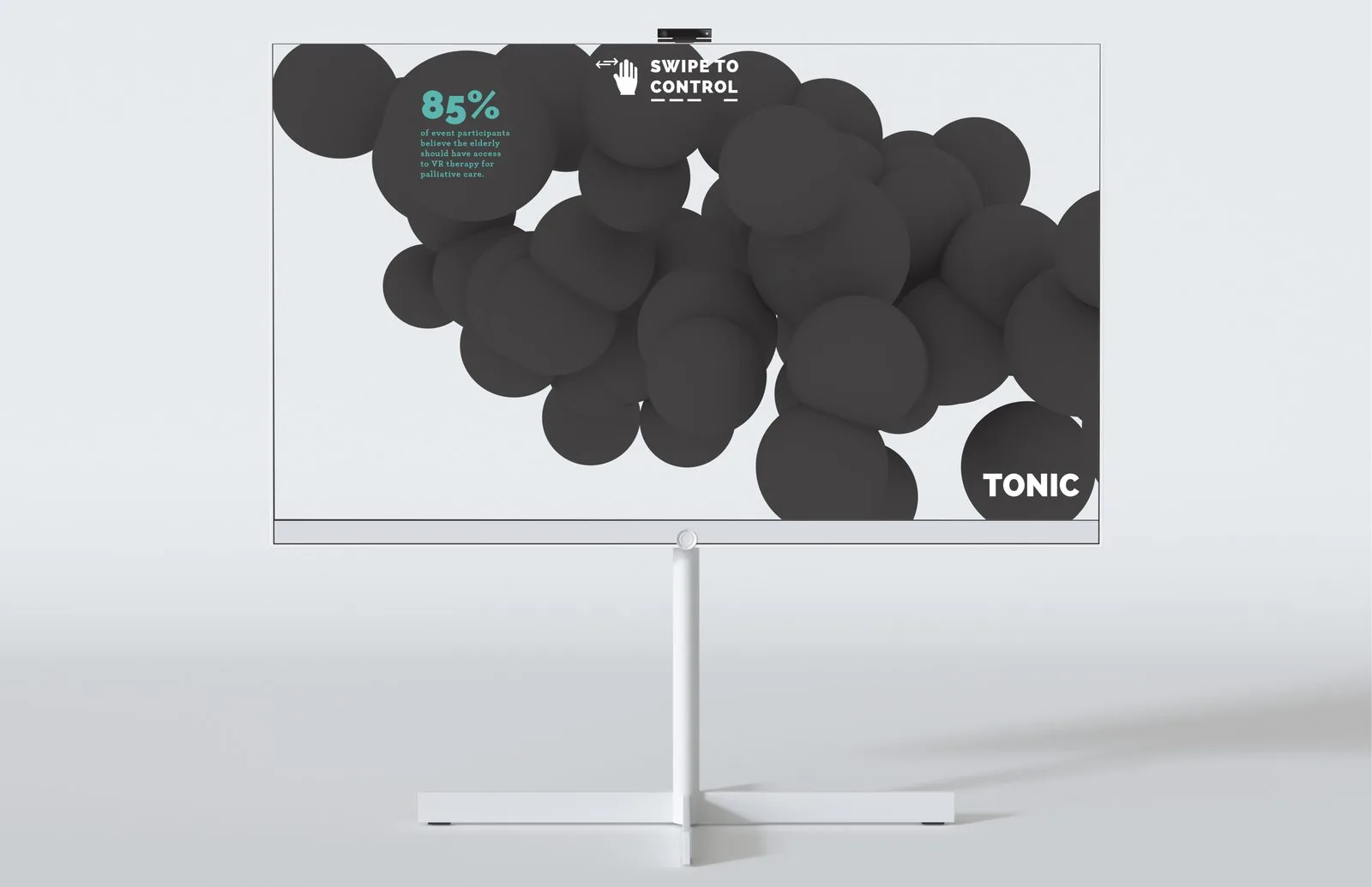 Digital signage stat over dark bubbles: 85 percent of event participants believe the elderly should have access to VR therapy for palliative care