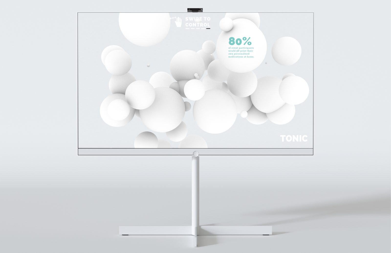 Digital signage stat over white bubbles: 80 percent of event participants would 3D print their own personalized medications at home