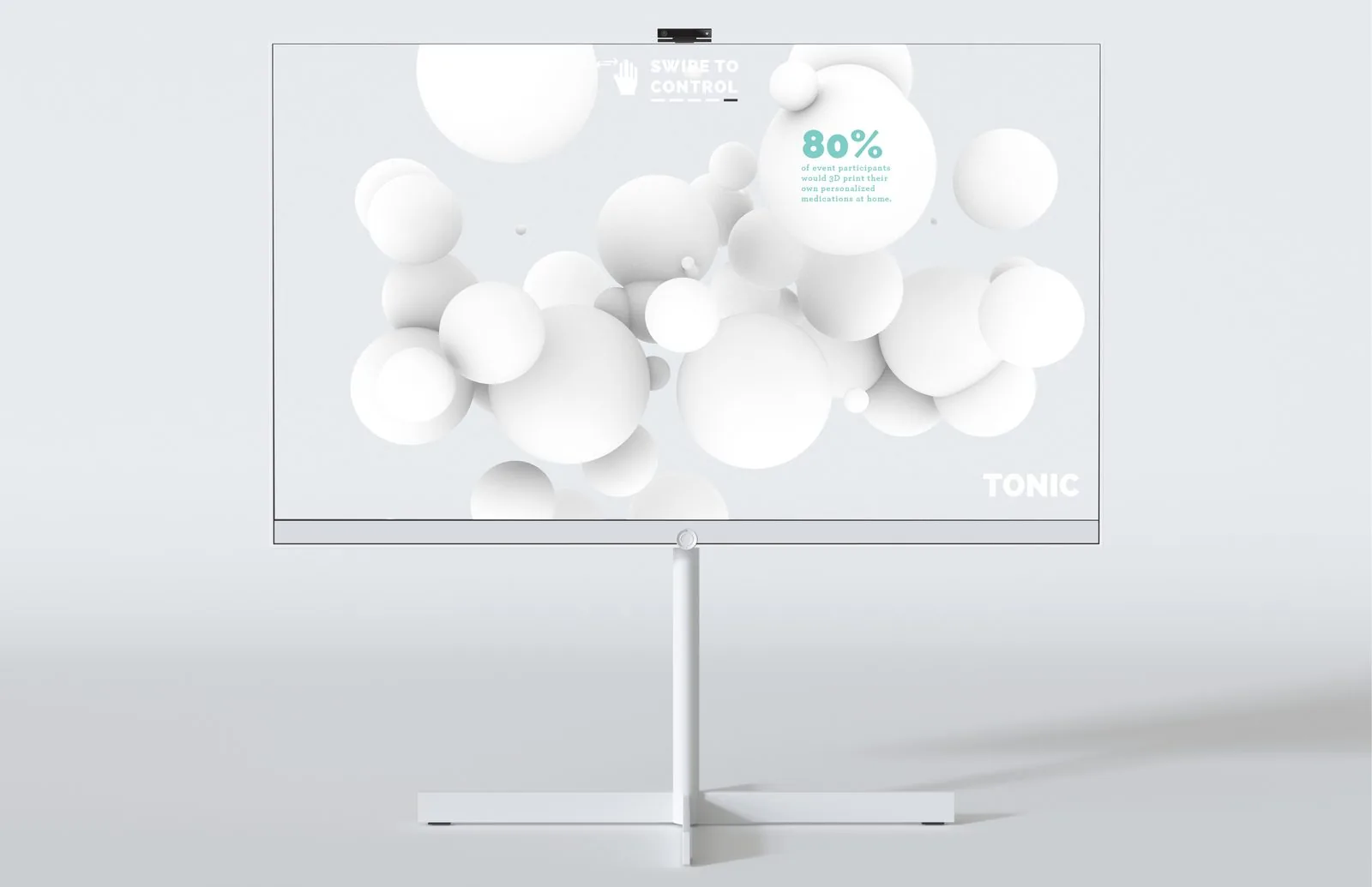 Digital signage stat over white bubbles: 80 percent of event participants would 3D print their own personalized medications at home