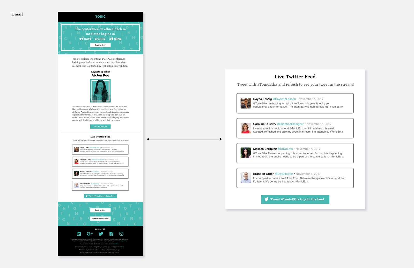 TONIC email with a countdown to the conference, a keynote speaker Ai-Jen Poo bio, and a live Twitter feed module using hashtag TonicEthx