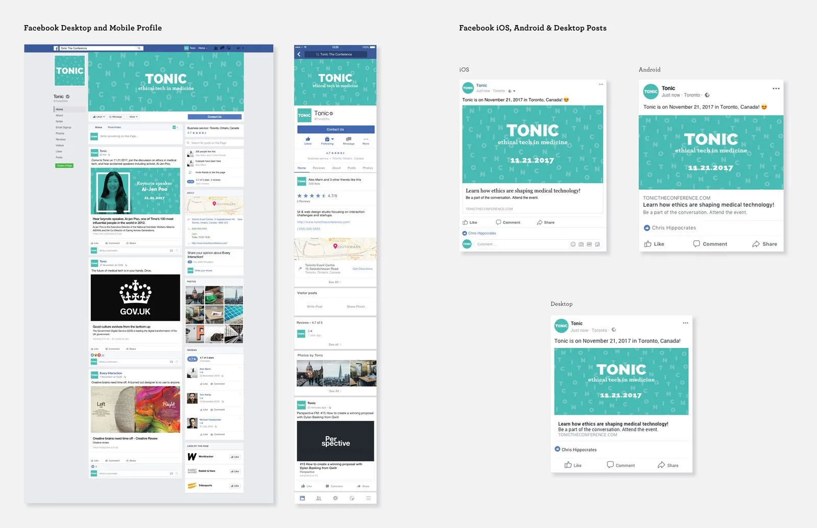 TONIC Facebook desktop and mobile profiles plus iOS, Android and desktop posts promoting the 11.21.2017 Toronto event and keynote speaker Ai-Jen Poo