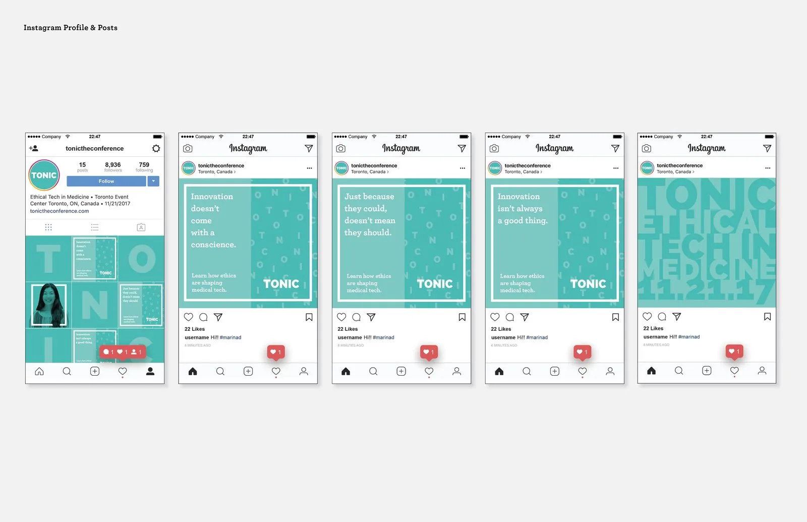 TONIC Instagram profile and four posts on teal tiles with ethics headlines like Innovation doesn&rsquo;t come with a conscience