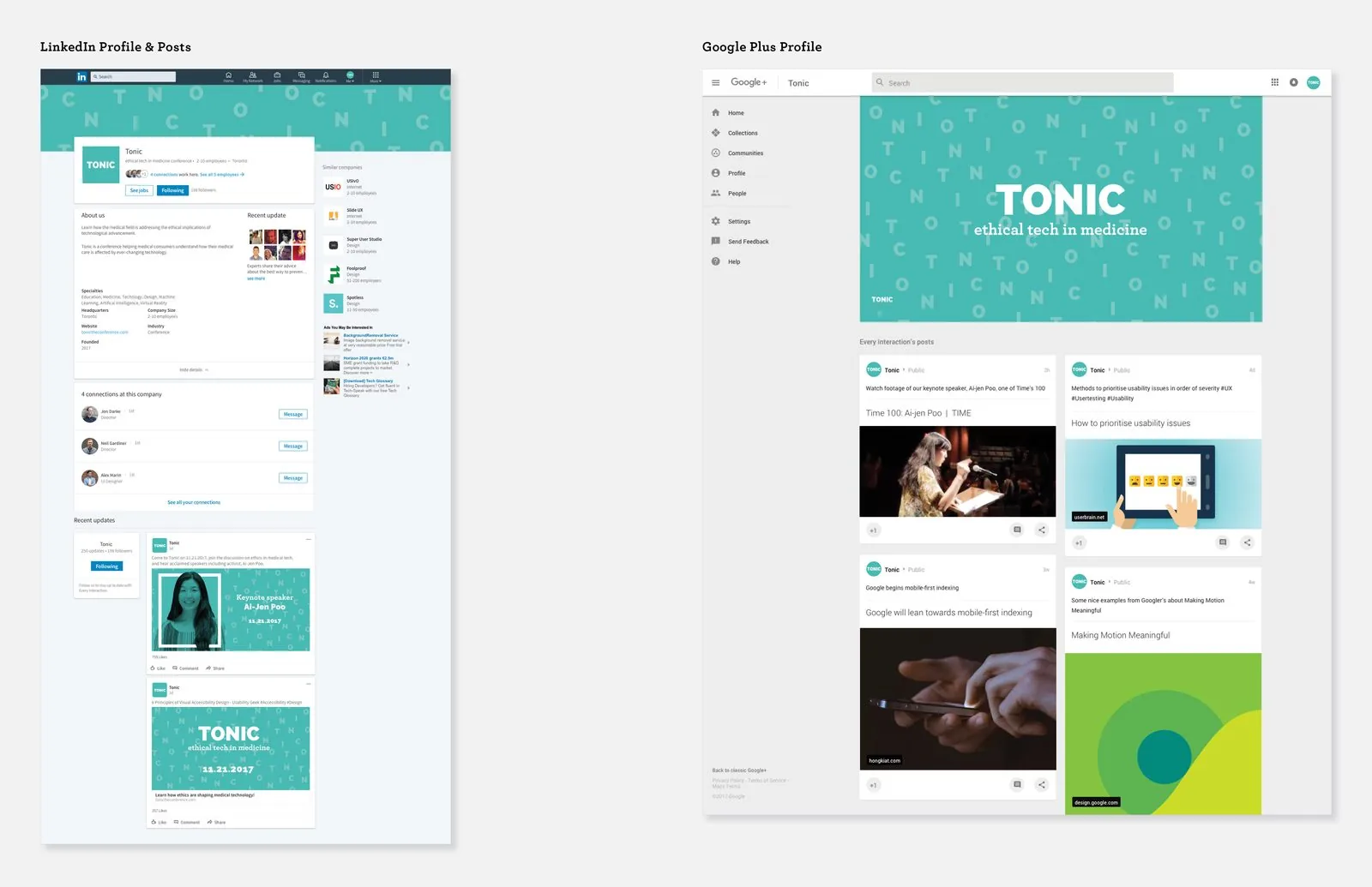 TONIC LinkedIn company profile and Google Plus profile, both with the teal letter-pattern cover art and event updates