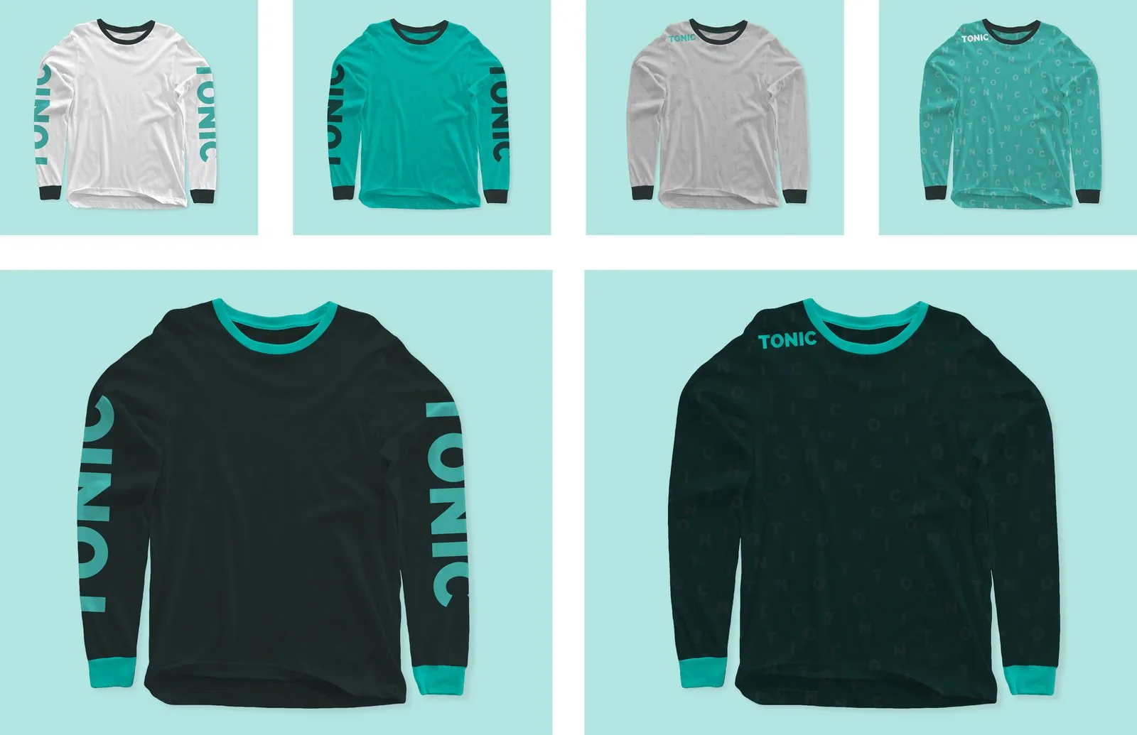 TONIC longsleeve tees in white, teal, grey and black with the wordmark running down both sleeves or the letter pattern across the body