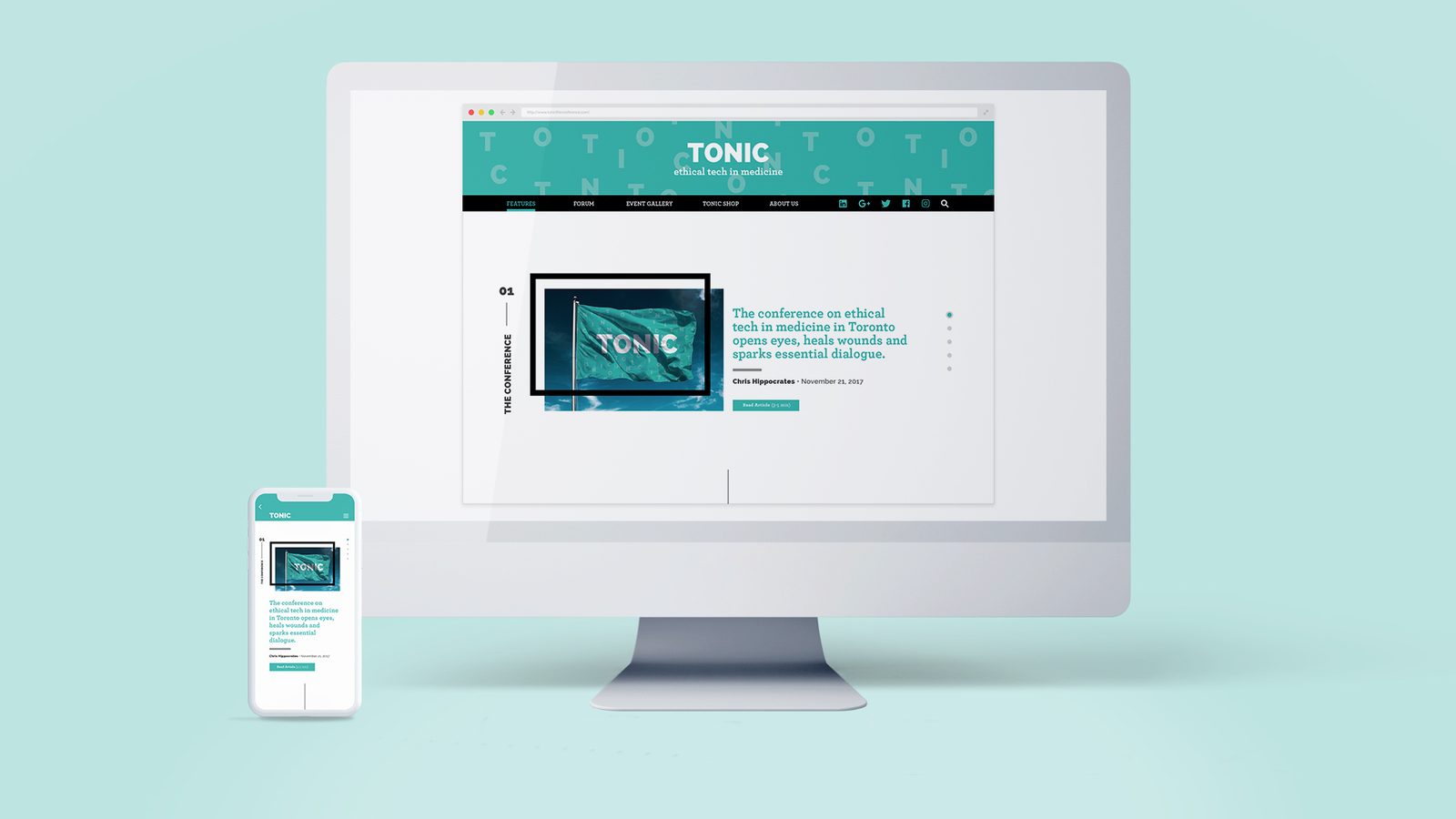 TONIC site feature 01, The Conference, with the flag photo and an article teaser on desktop and phone