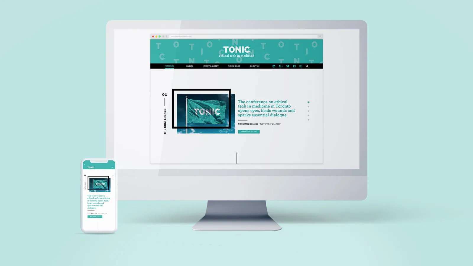 TONIC site feature 01, The Conference, with the flag photo and an article teaser on desktop and phone
