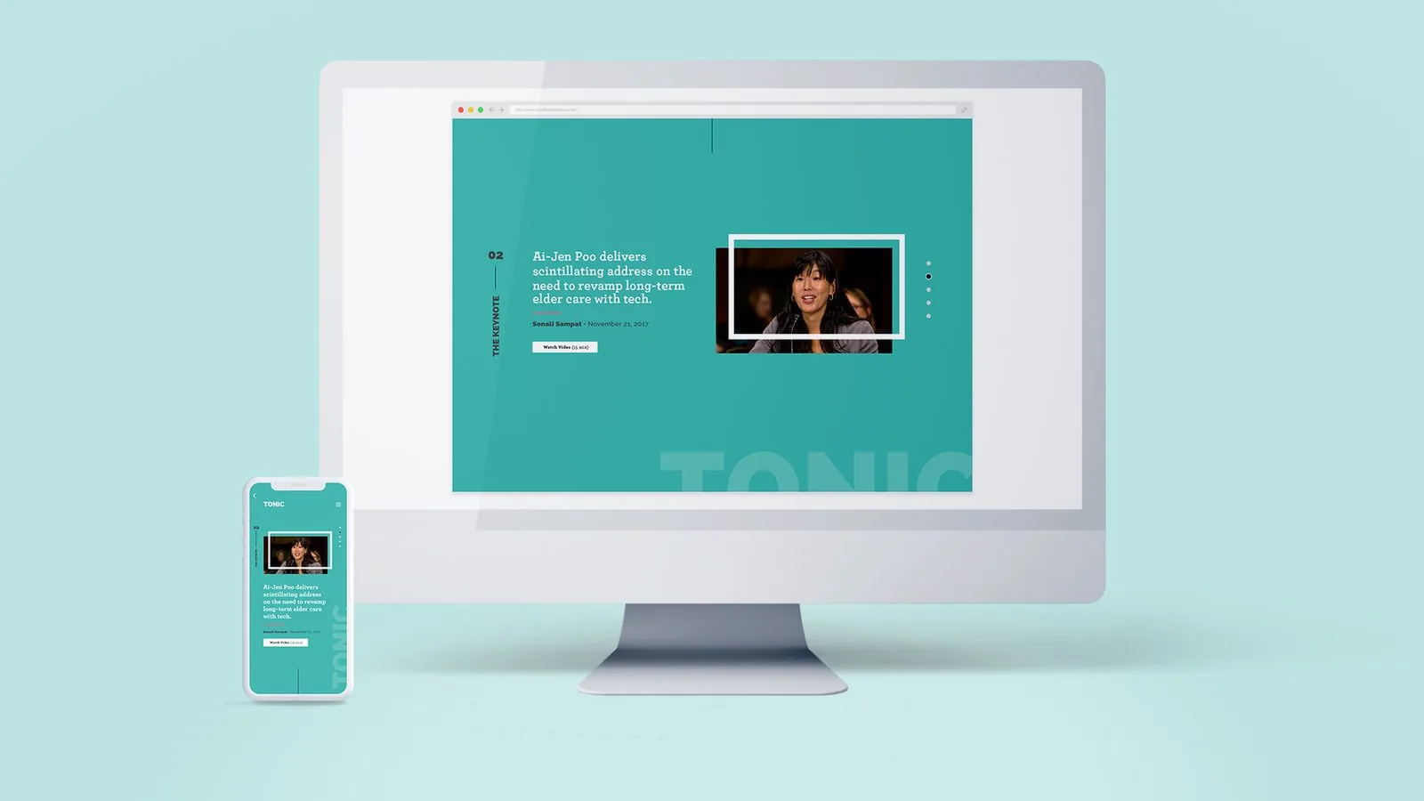 TONIC site feature 02, The Keynote, with a photo of Ai-Jen Poo speaking, on desktop and phone
