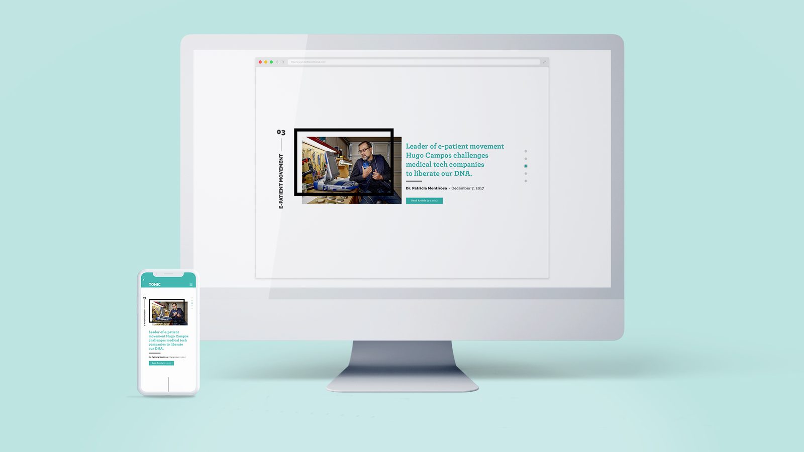 TONIC site feature 03, E-Patient Movement, with a photo of Hugo Campos at his workbench, on desktop and phone