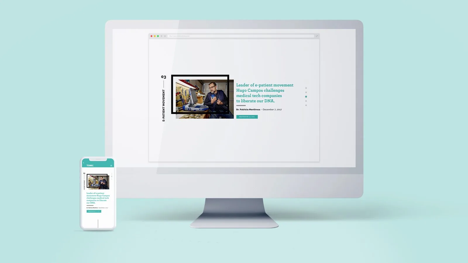 TONIC site feature 03, E-Patient Movement, with a photo of Hugo Campos at his workbench, on desktop and phone