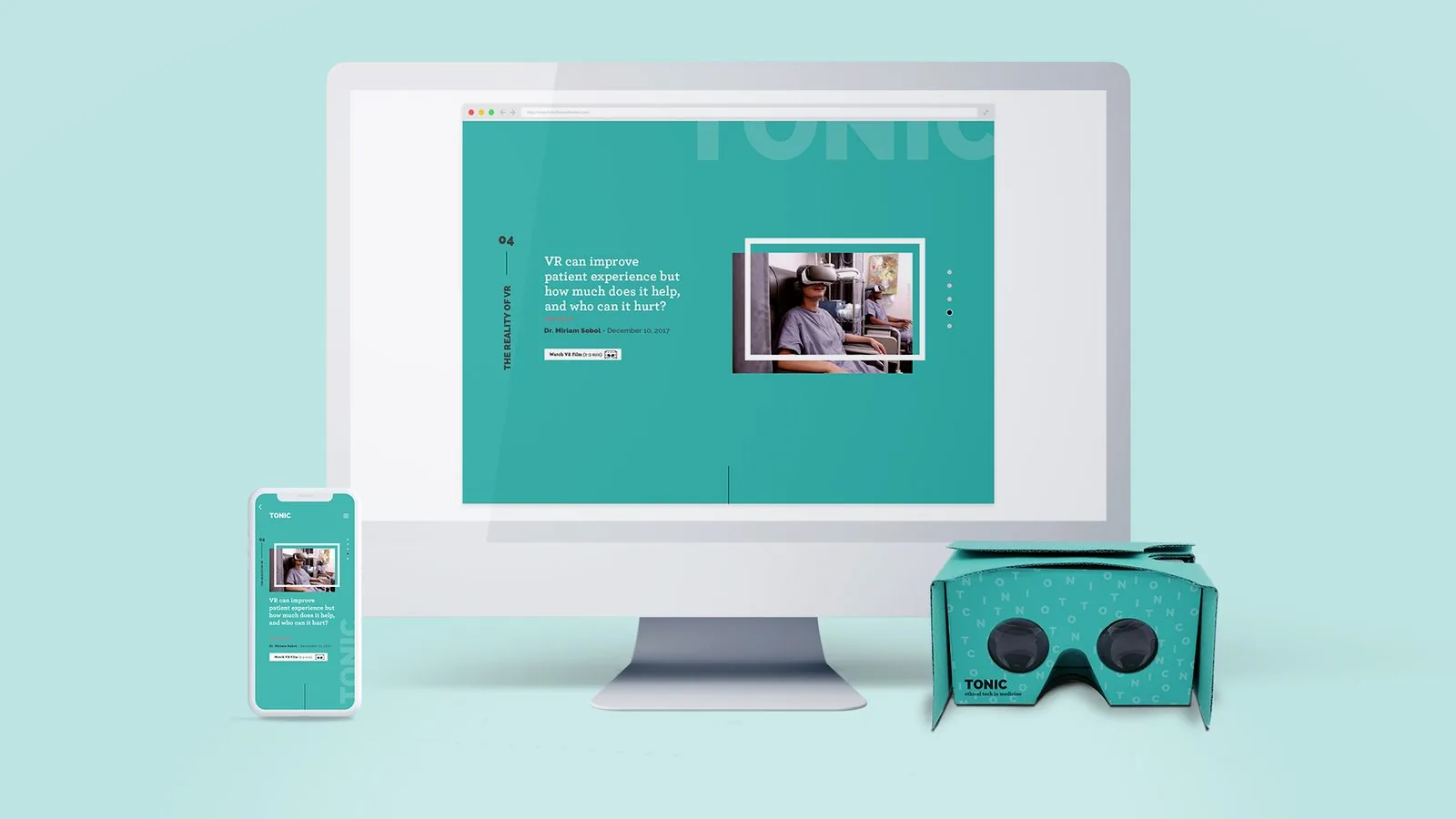 TONIC site feature 04, The Reality of VR, with a photo of a patient in a VR headset and a branded Cardboard viewer beside the monitor