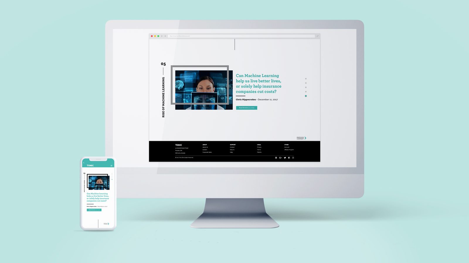 TONIC site feature 05, Rise of Machine Learning, with a medical imaging collage, on desktop and phone