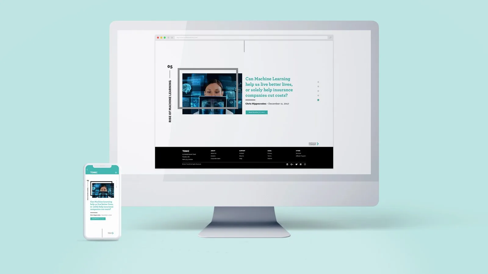 TONIC site feature 05, Rise of Machine Learning, with a medical imaging collage, on desktop and phone
