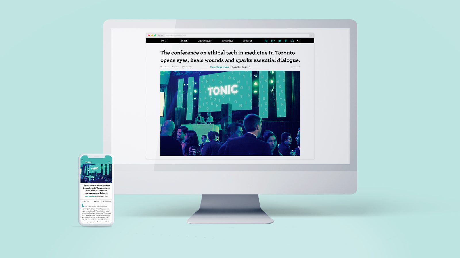 TONIC article page with a photo of the conference stage, DJ booth and crowd lit in teal, on desktop and phone