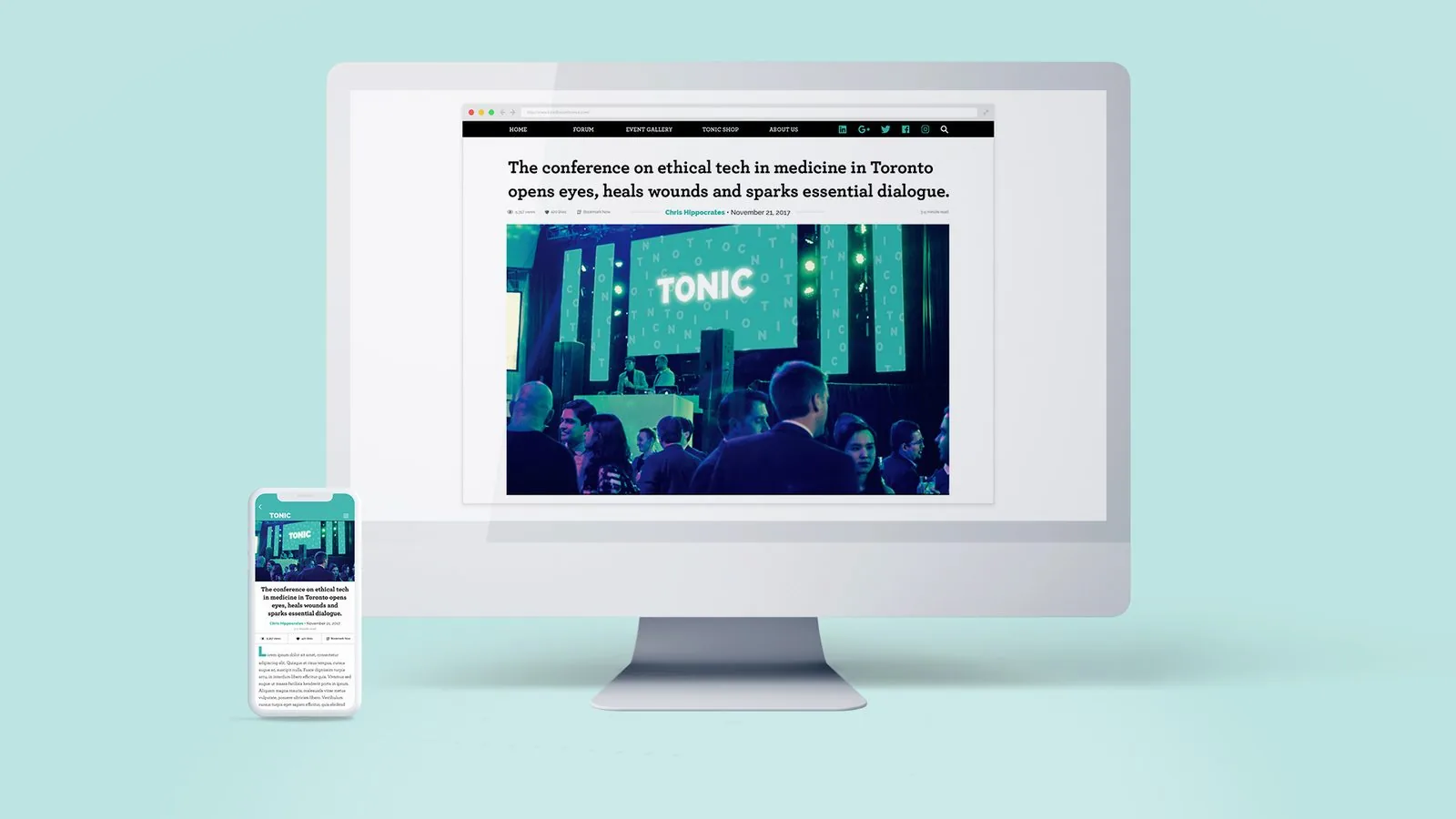TONIC article page with a photo of the conference stage, DJ booth and crowd lit in teal, on desktop and phone