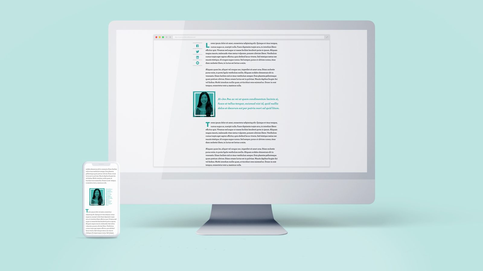 TONIC article body with social share icons, a framed portrait of Ai-Jen Poo and a teal pull quote, on desktop and phone