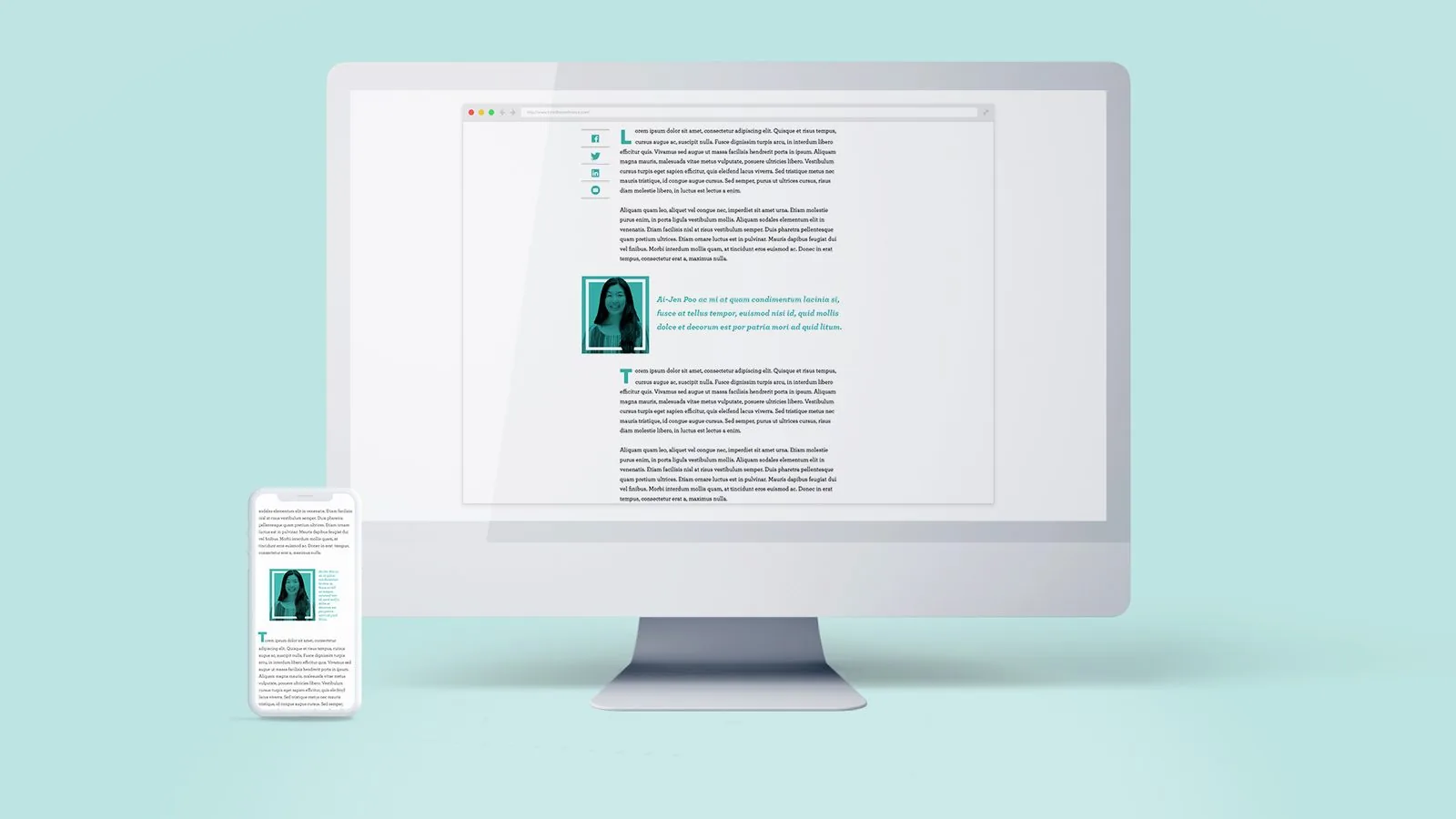 TONIC article body with social share icons, a framed portrait of Ai-Jen Poo and a teal pull quote, on desktop and phone