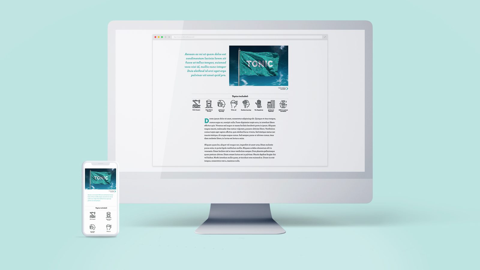 TONIC article section with the flag photo and a Topics Included icon row covering robo surgery, VR, machine learning and more