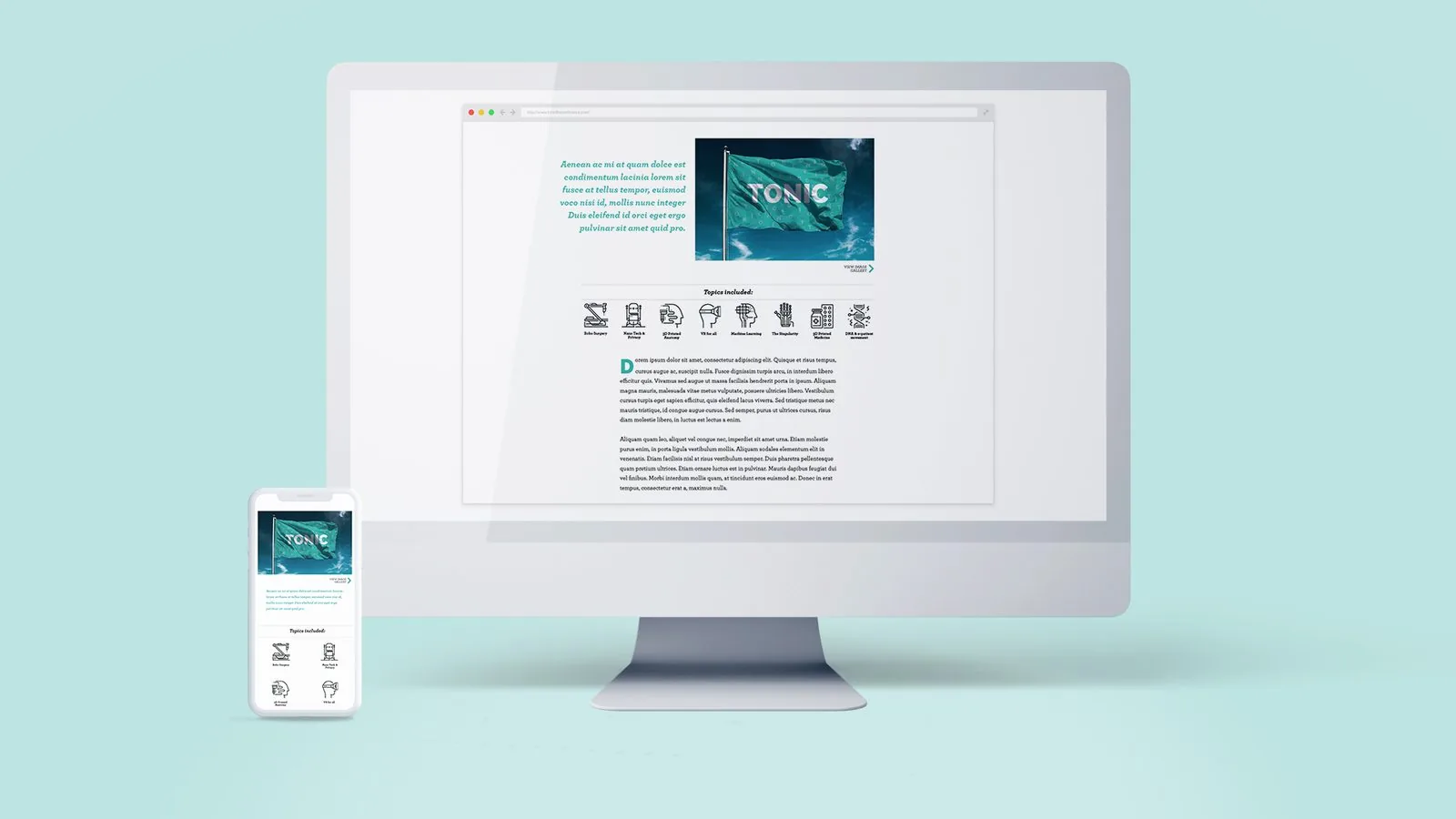 TONIC article section with the flag photo and a Topics Included icon row covering robo surgery, VR, machine learning and more