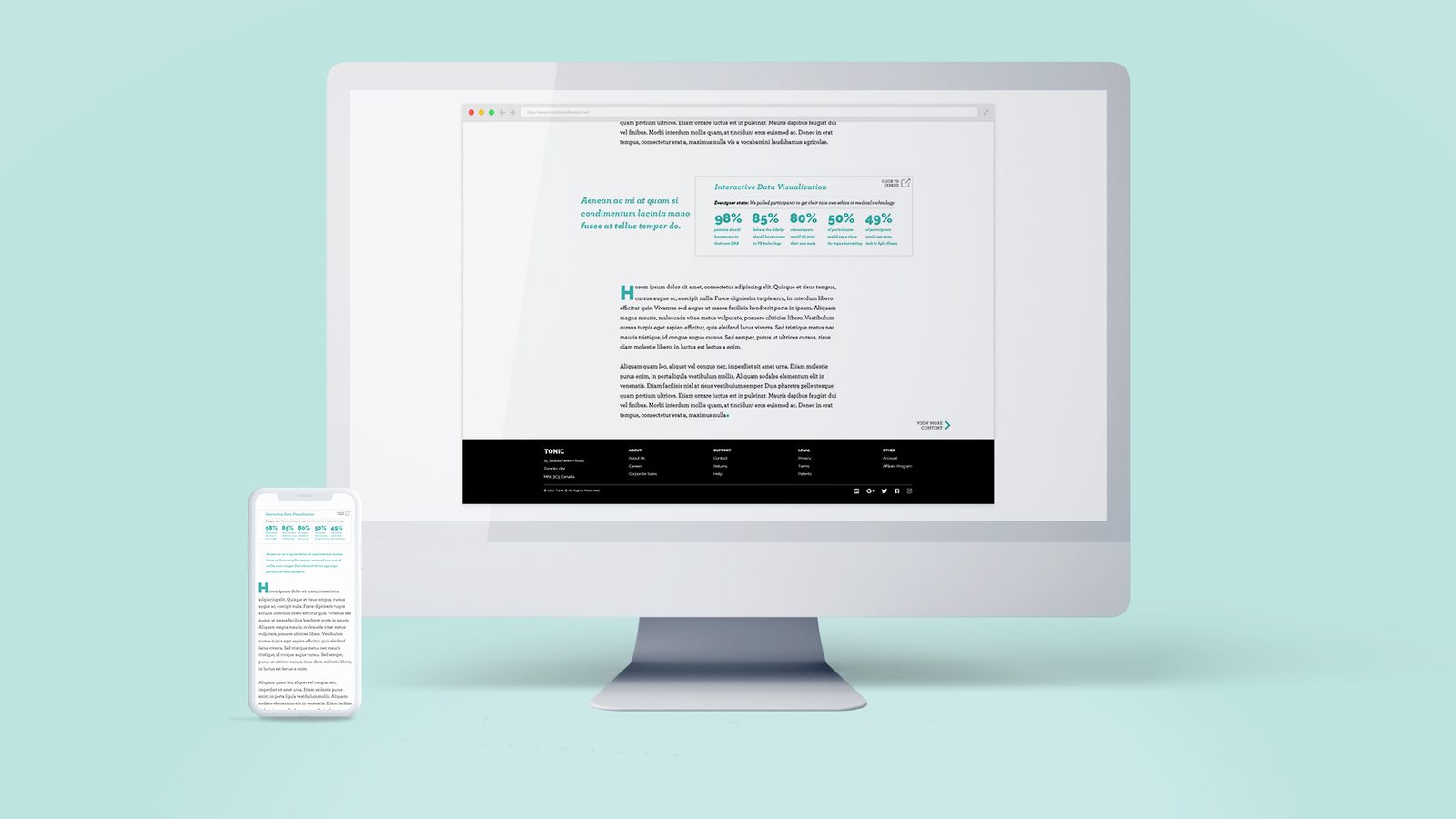 TONIC article with an interactive data visualization panel of polled stats including 98 percent, 85 percent, 80 percent, 50 percent and 49 percent