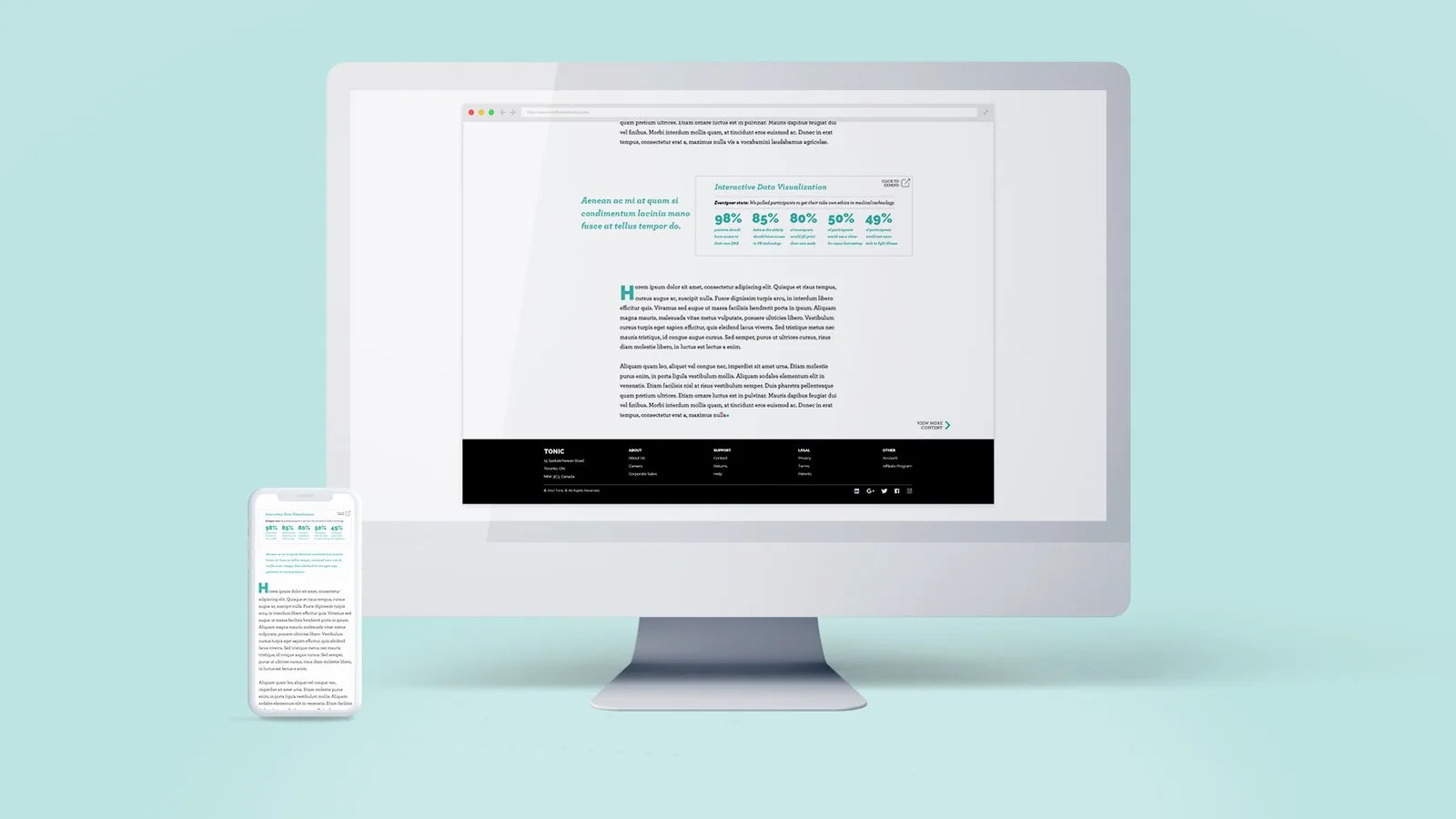 TONIC article with an interactive data visualization panel of polled stats including 98 percent, 85 percent, 80 percent, 50 percent and 49 percent