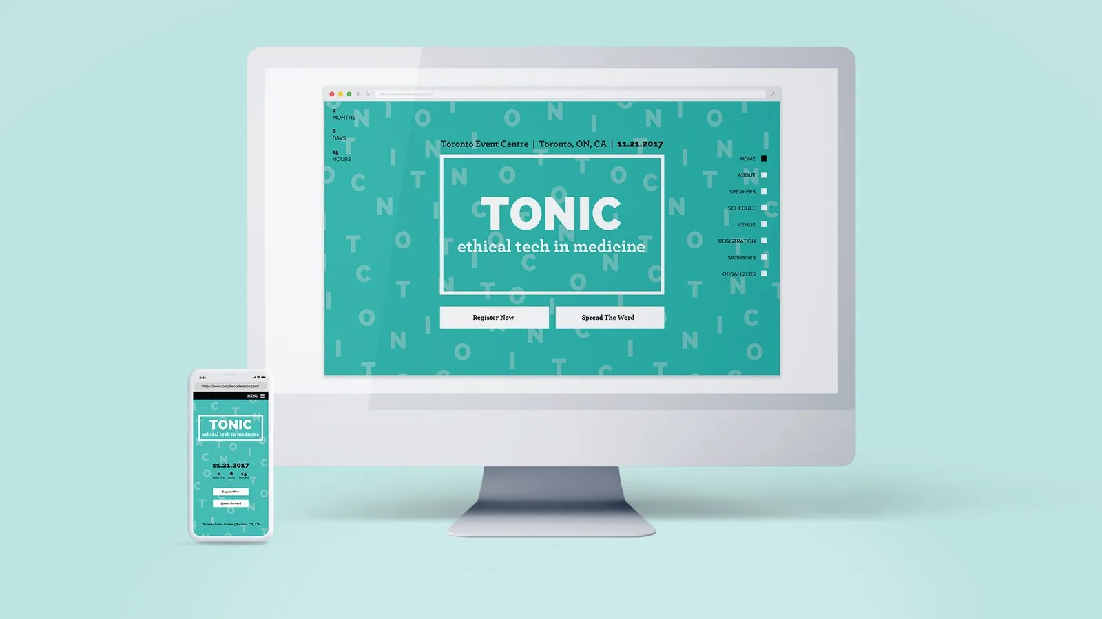 TONIC responsive site homepage on desktop and phone with event countdown, Register Now and Spread The Word buttons