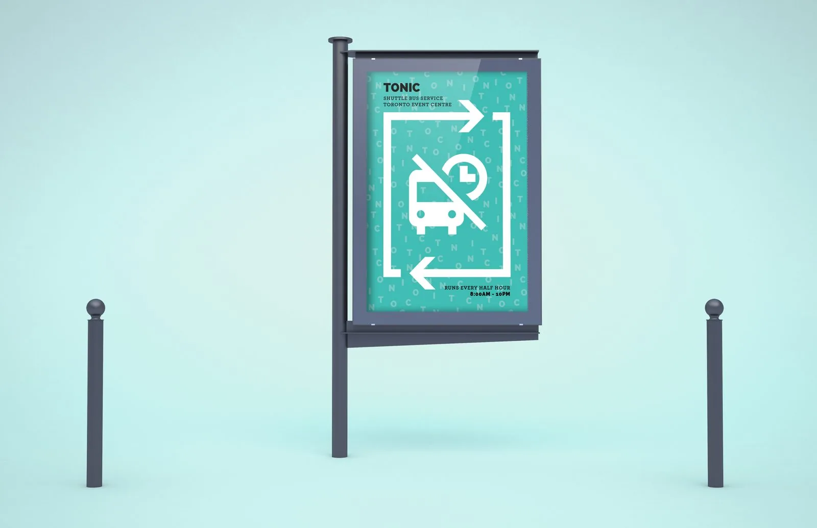 TONIC shuttle bus service sign for the Toronto Event Centre with a bus-and-clock loop icon, runs every half hour, 8:00am to 10pm