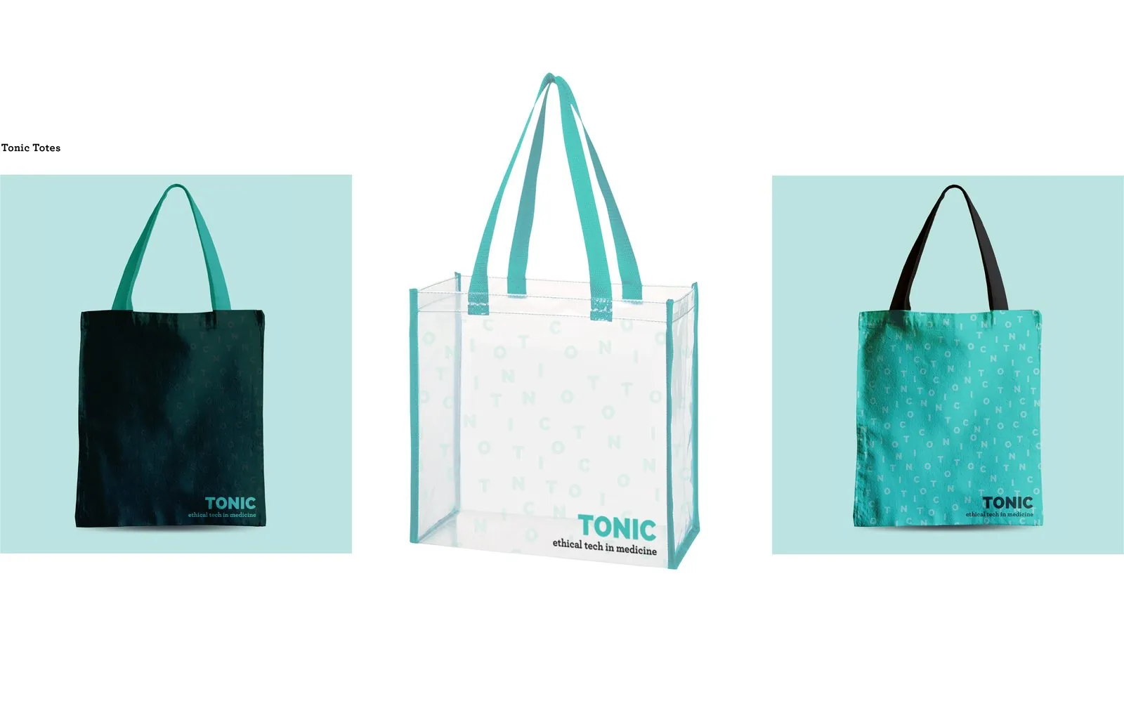 Three TONIC totes: a black canvas bag, a clear vinyl bag with teal straps and a teal bag, each carrying the wordmark and letter pattern