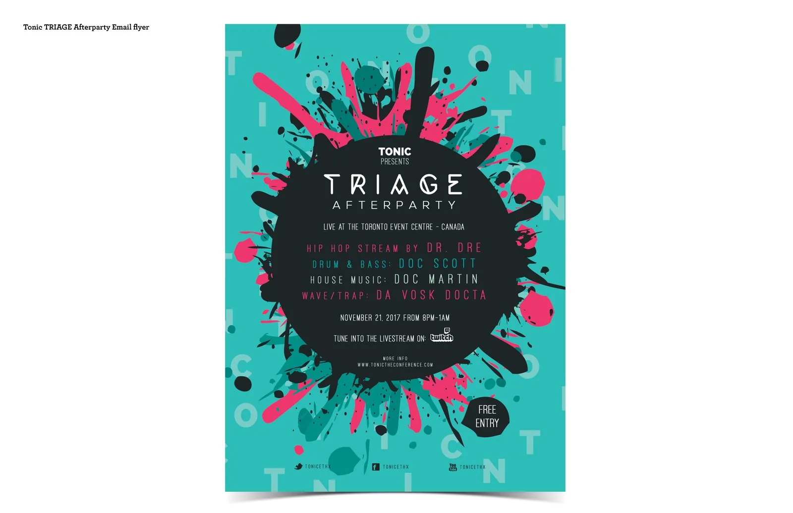 Tonic TRIAGE afterparty email flyer with paint-splatter art, DJ lineup, free entry badge and a Twitch livestream note, at the Toronto Event Centre