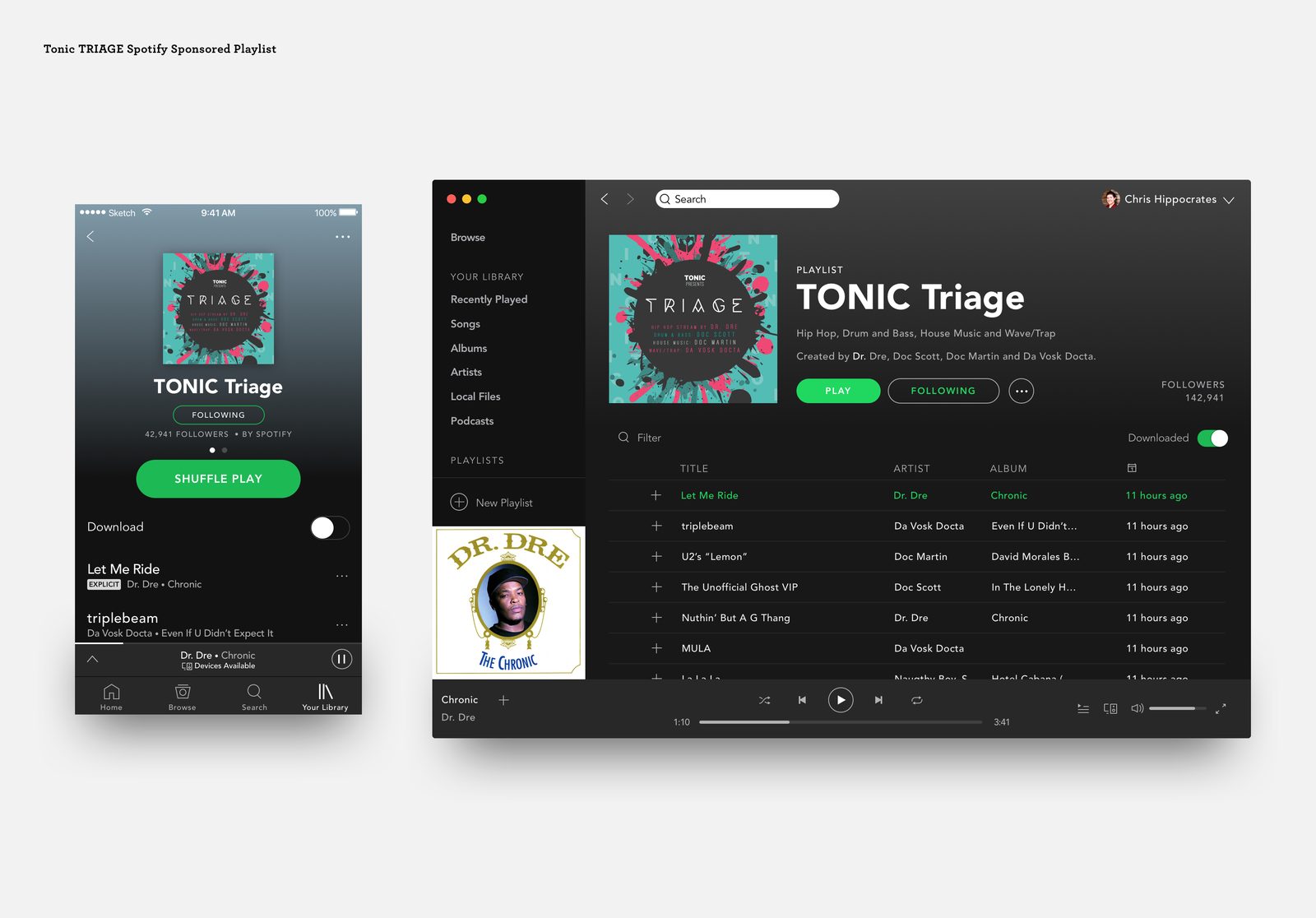 TONIC Triage sponsored Spotify playlist on mobile and desktop: hip hop, drum and bass, house and wave/trap tracks under the TRIAGE cover art