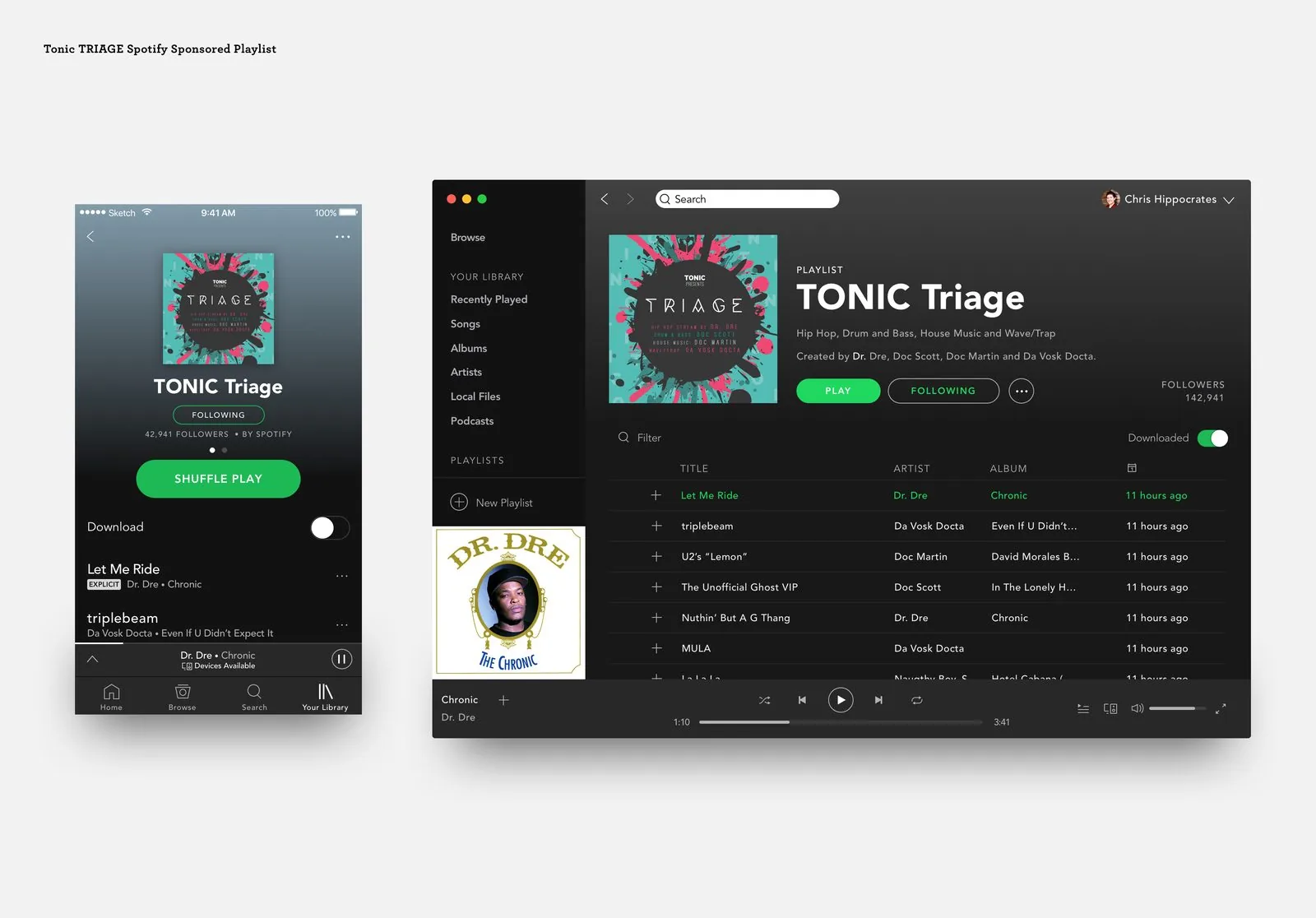 TONIC Triage sponsored Spotify playlist on mobile and desktop: hip hop, drum and bass, house and wave/trap tracks under the TRIAGE cover art